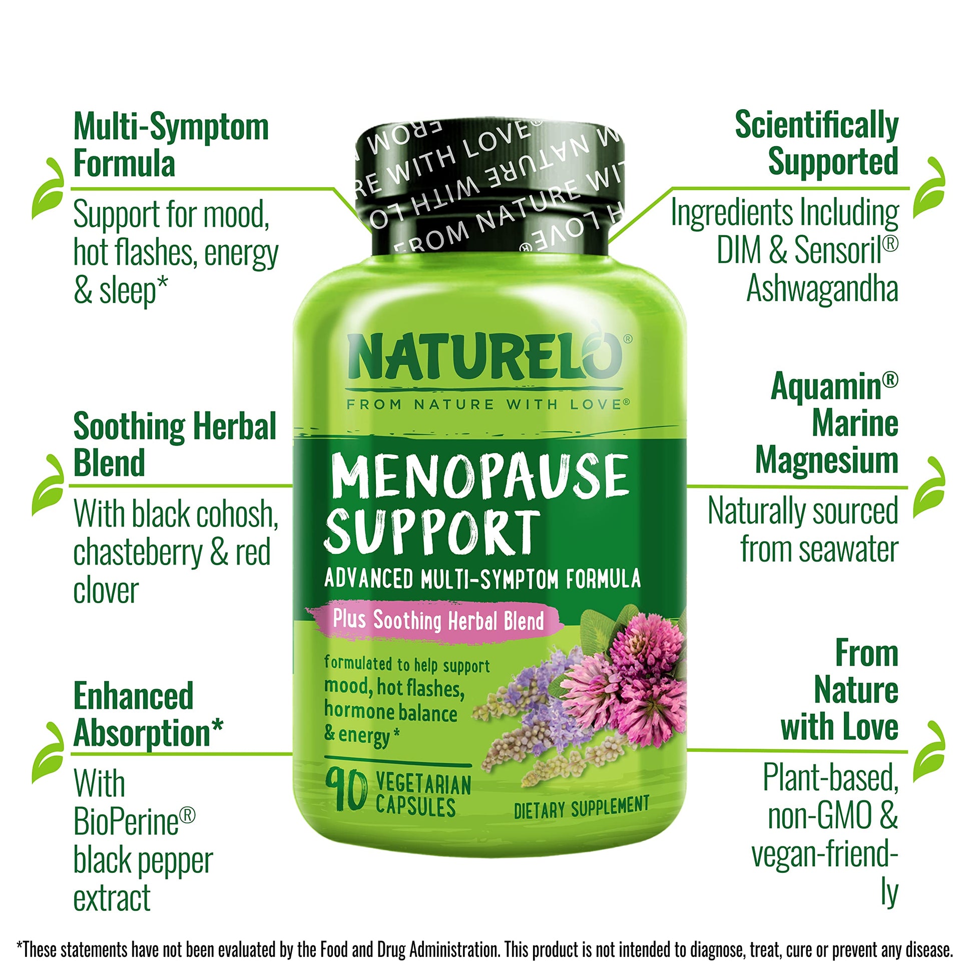 NATURELO Menopause Supplements for Women, Herbal Blend with Black Cohosh for Menopause Hot Flashes Advanced Estrogen Multi-Symptom Formula 90 Capsules NATURELO uk supplements