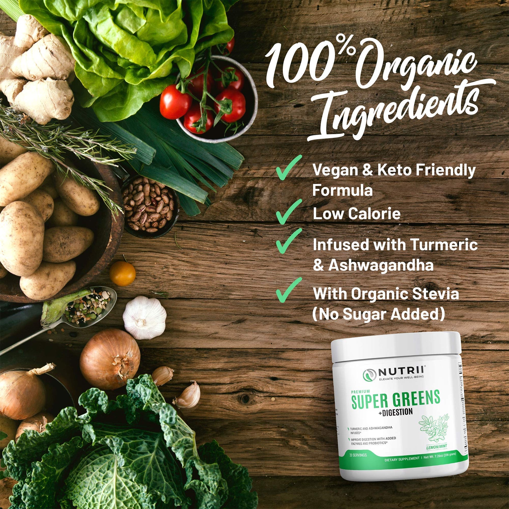 Nutrii Organic Green Immunity Superfood Powder - Soothes Digestion, Boosts Healthy Vitality and Energy. Fast Acting Formula with Probiotics, Enzymes, Turmeric and Ashwagandha (30 Servings Lemon-Mint) Nutrii uk supplements