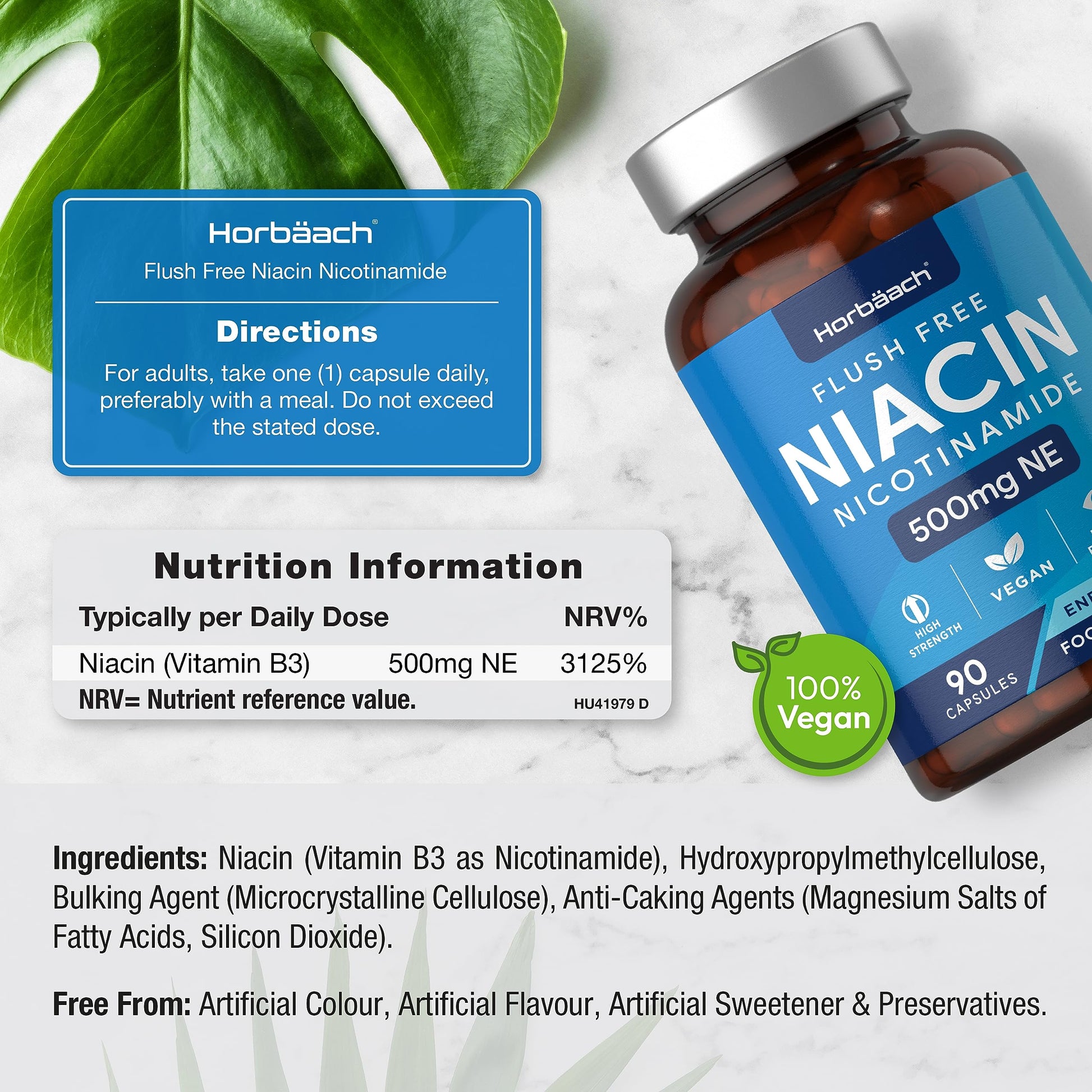 Vitamin B3 Niacin 500mg | 90 Vegan Capsules | Flush Free Nicotinamide Supplement Horbäach uk supplements