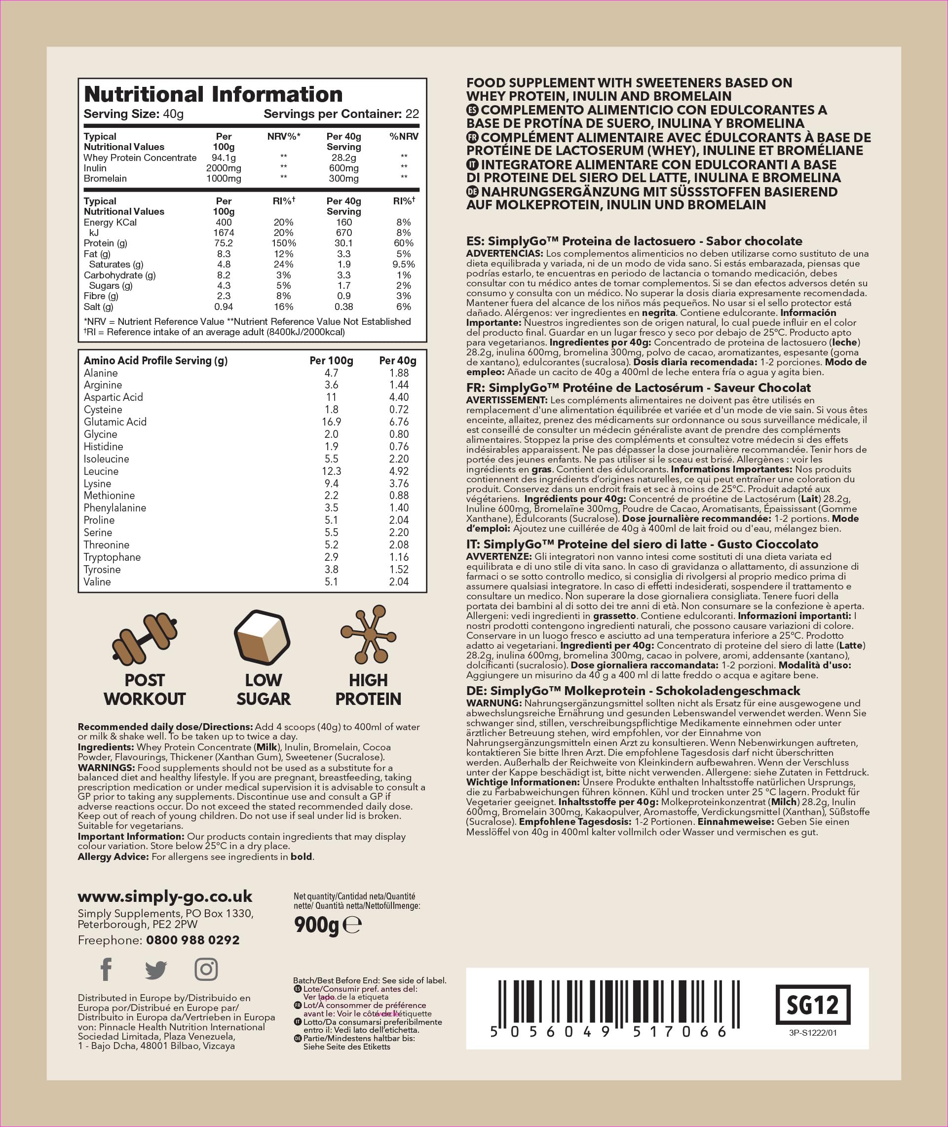 SimplyGo Whey Protein 900g Chocolate Flavour Simply Supplements uk supplements