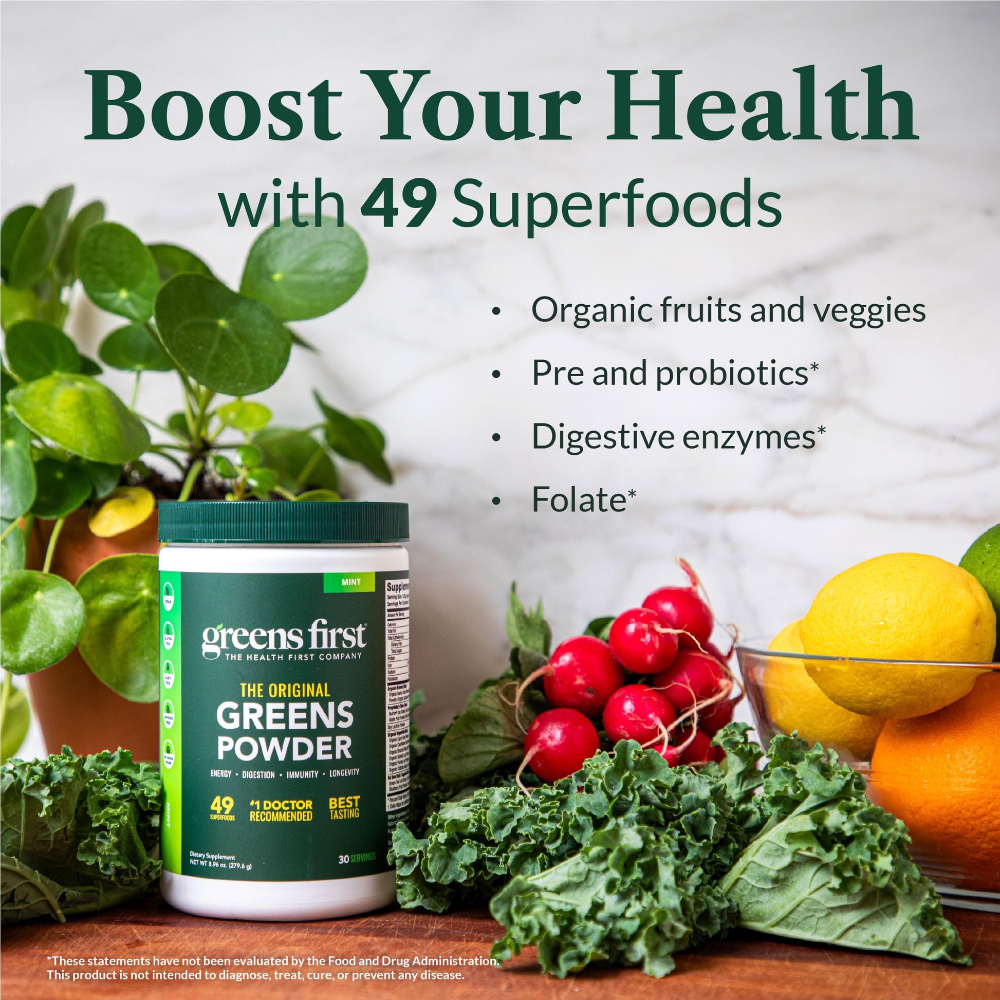 Greens First Original Greens Powder - 49 Superfoods - Organic Fruits & Veggies - Prebiotics, Probiotics & Digestive Enzymes - Antioxidant Smoothie - Dairy Free, Vegan & Non-GMO (Mint, 30 Servings) Greens First uk supplements