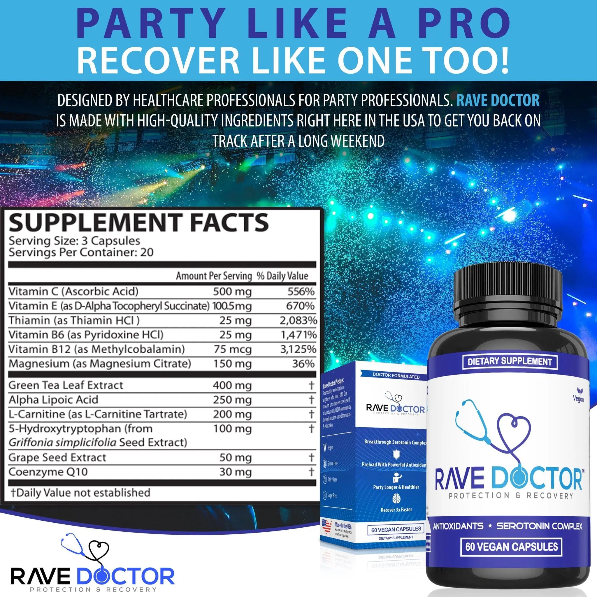 Rave Doctor 5 HTP Supplement - Essential Rave Vitamins for Festival Goers, Rave Accessories, Festival Essentials, Festival Gear, Rave Essentials, 5htp Supplement Rave Doctor uk supplements