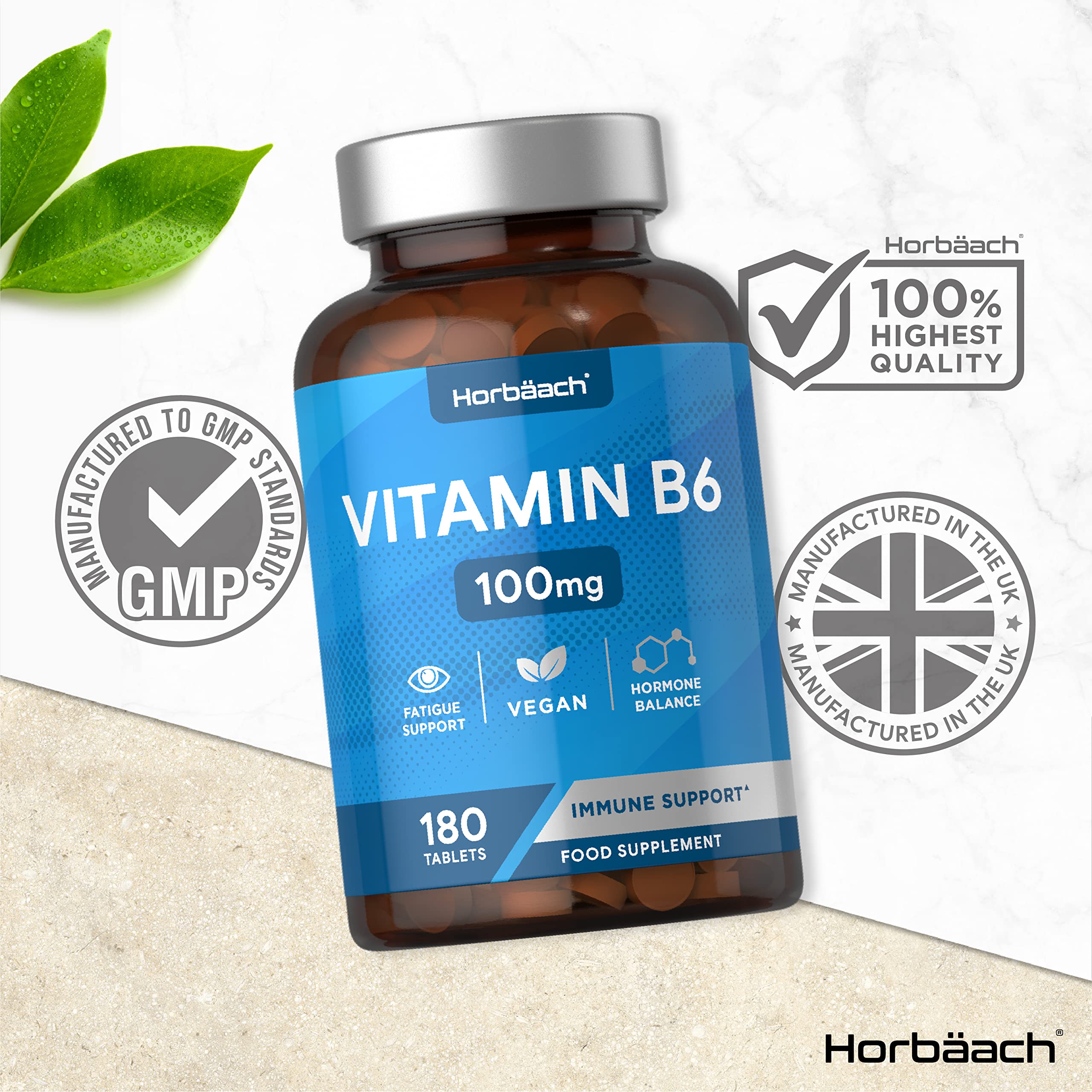 Vitamin B6 100mg | 180 High Strength Tablets | Regulation of Hormonal Activity & Fatigue Horbäach uk supplements