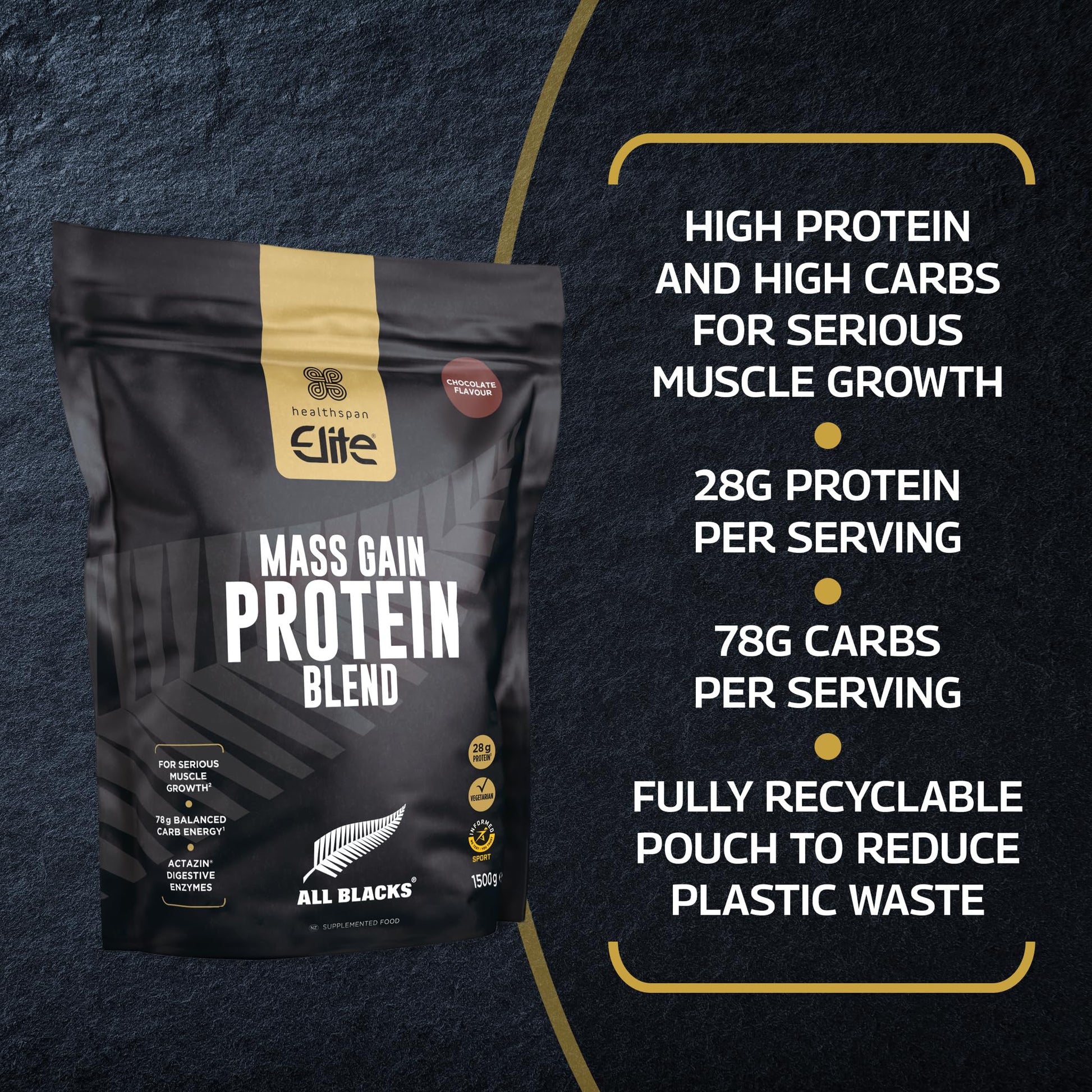 Healthspan Elite All Blacks Mass Gain Protein Blend (1500g) | Chocolate | 28g of Protein Healthspan Elite uk supplements