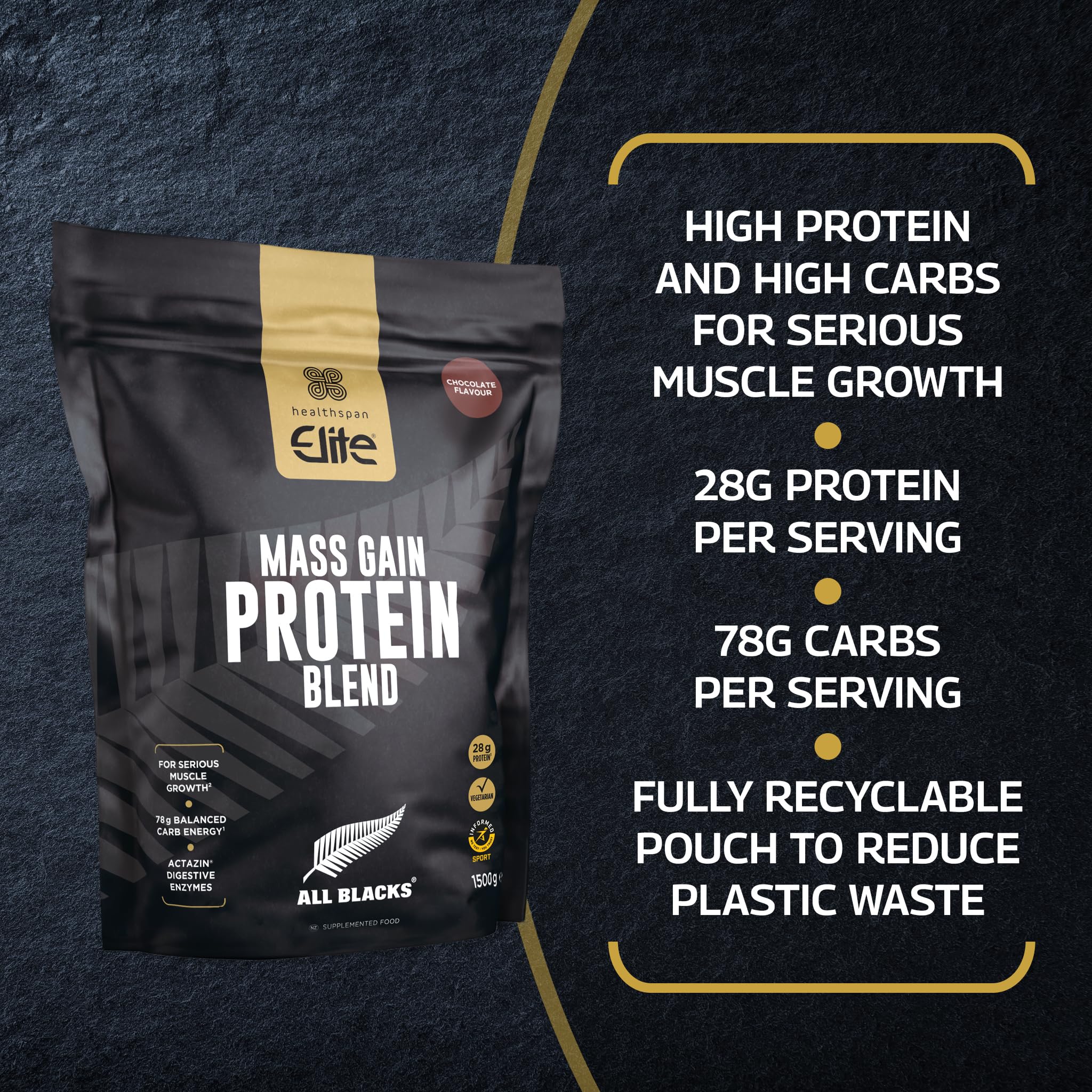 Healthspan Elite All Blacks Mass Gain Protein Blend (1500g) | Chocolate | 28g of Protein Healthspan Elite uk supplements