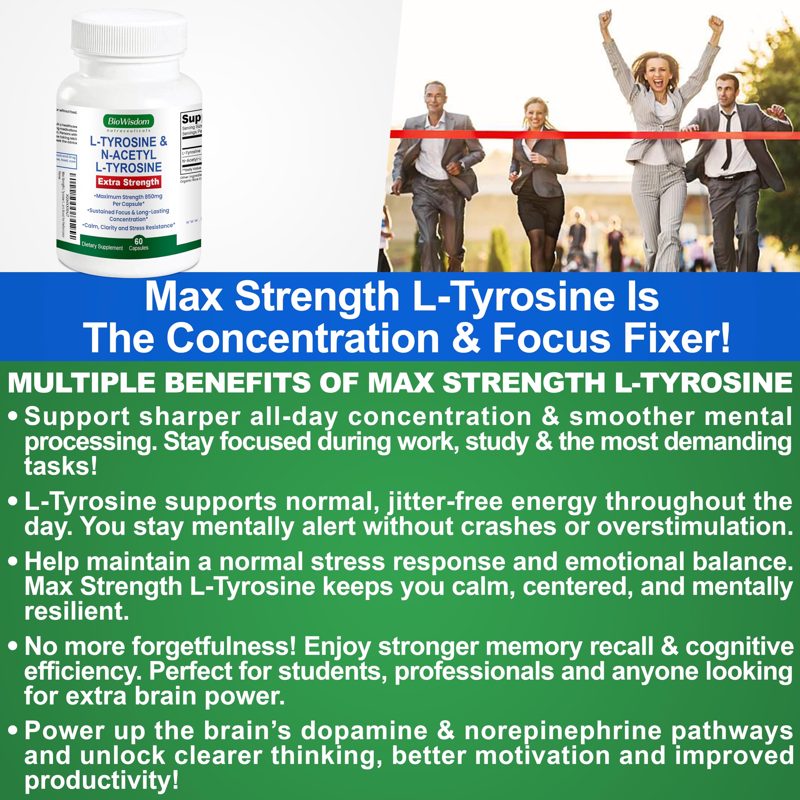 Max Strength L Tyrosine Supplement & N Acetyl L Tyrosine Peak Focus, Alertness, Concentration, Body & Mind Energy. L-Tyrosine 850mg Per 1 Capsule. A Well-Being Nutrient Boost For Performance BioWisdom Nutraceuticals uk supplements