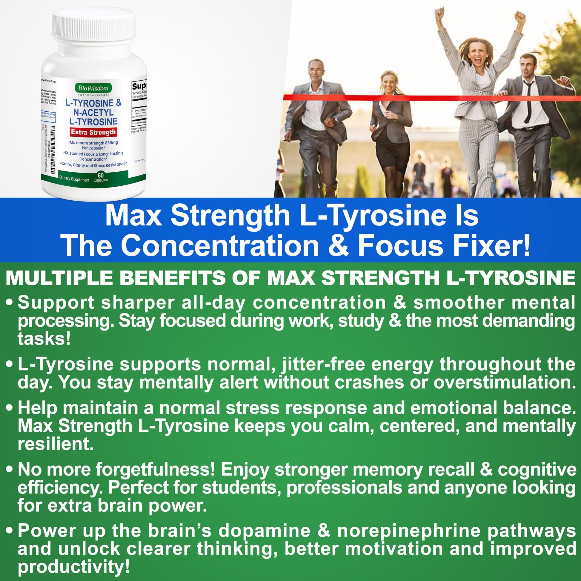 Max Strength L Tyrosine Supplement & N Acetyl L Tyrosine Peak Focus, Alertness, Concentration, Body & Mind Energy. L-Tyrosine 850mg Per 1 Capsule. A Well-Being Nutrient Boost For Performance BioWisdom Nutraceuticals uk supplements
