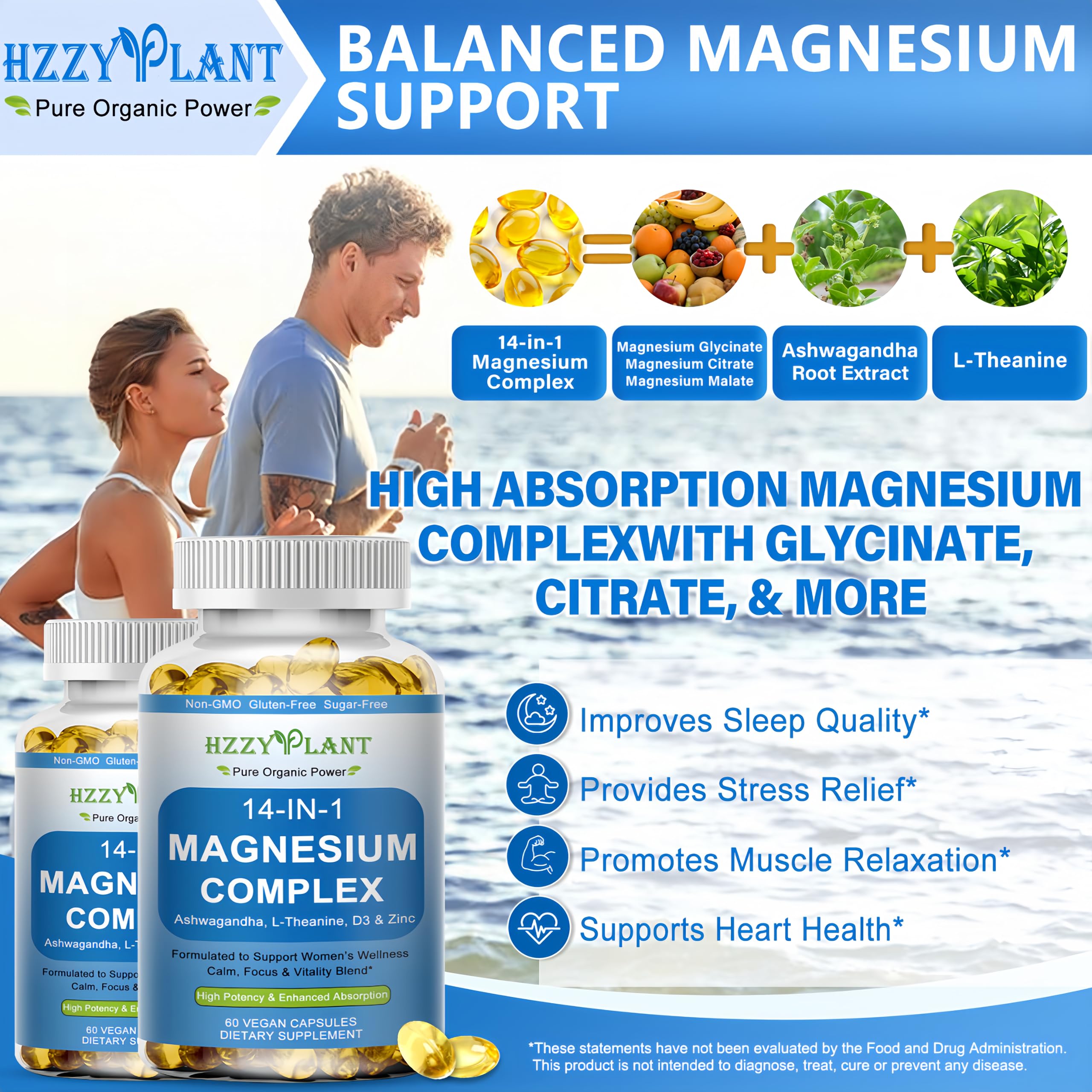 Magnesium Complex Softgels, High Absorption Magnesium Supplement with Glycinate, Citrate, Malate, Taurate, 14-in-1 Magnesium Complex for Women & Men for Muscle, Heart, Sleep Support, 2 Month Supply HZZYPLANT uk supplements