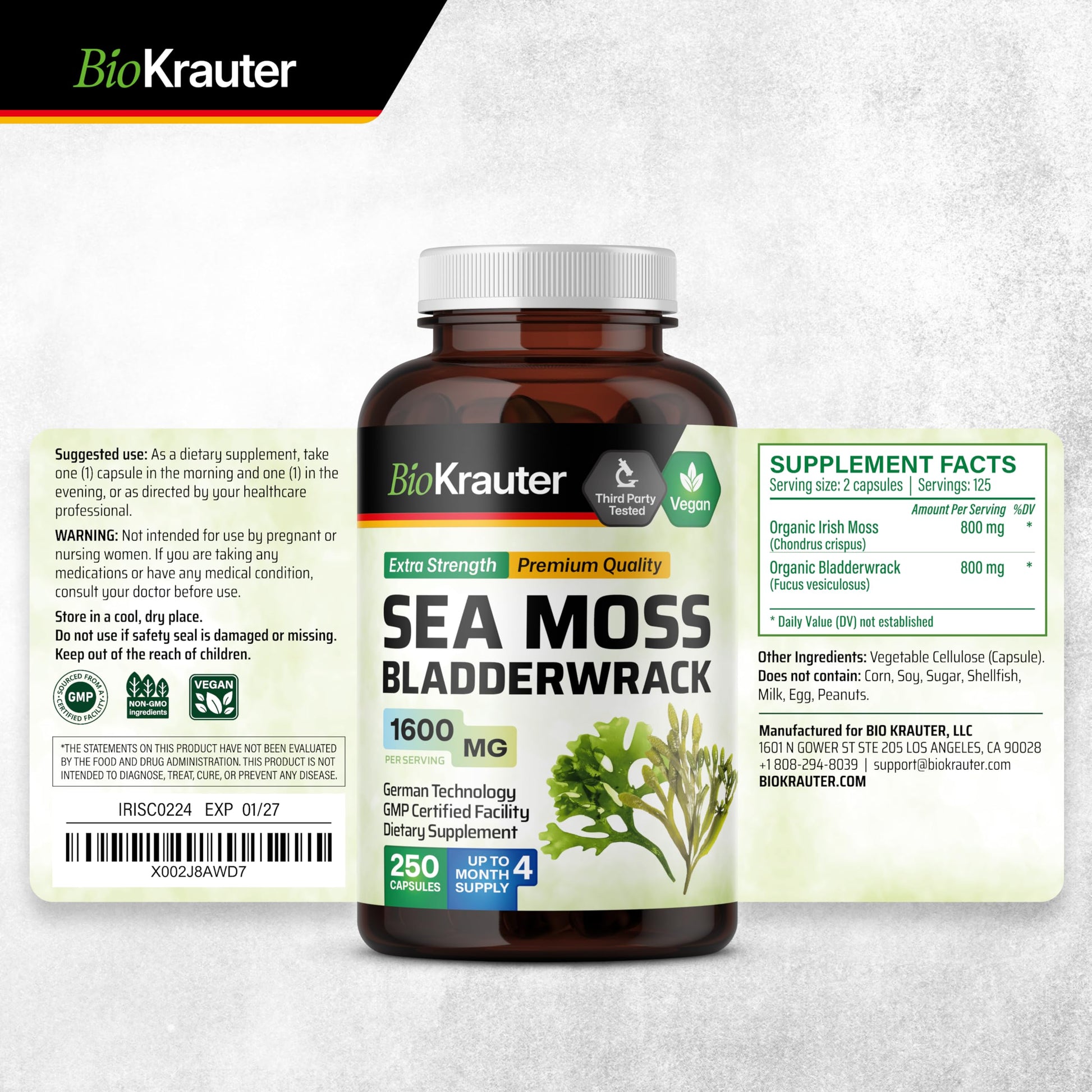 BIO KRAUTER® 2-in-1 Sea Moss for Thyroid Support - Vegan Bladderwrack & Sea Moss Capsules for Women & Men - Natural Сhondrus Сrispus Seaweed Supplement 1600 mg - 125 Days of Supply, Non-GMO BIO KRAUTER uk supplements