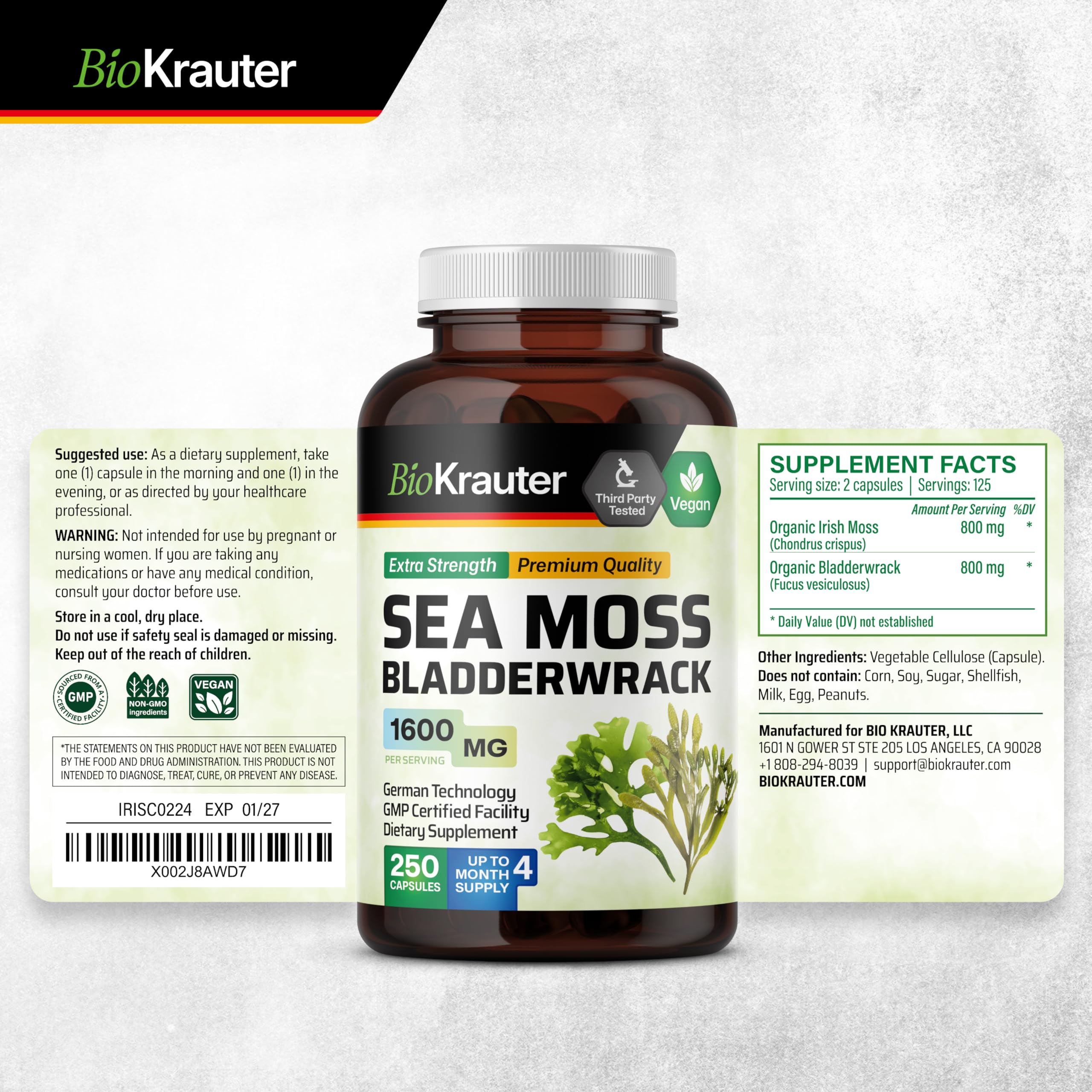 BIO KRAUTER® 2-in-1 Sea Moss for Thyroid Support - Vegan Bladderwrack & Sea Moss Capsules for Women & Men - Natural Сhondrus Сrispus Seaweed Supplement 1600 mg - 125 Days of Supply, Non-GMO BIO KRAUTER uk supplements