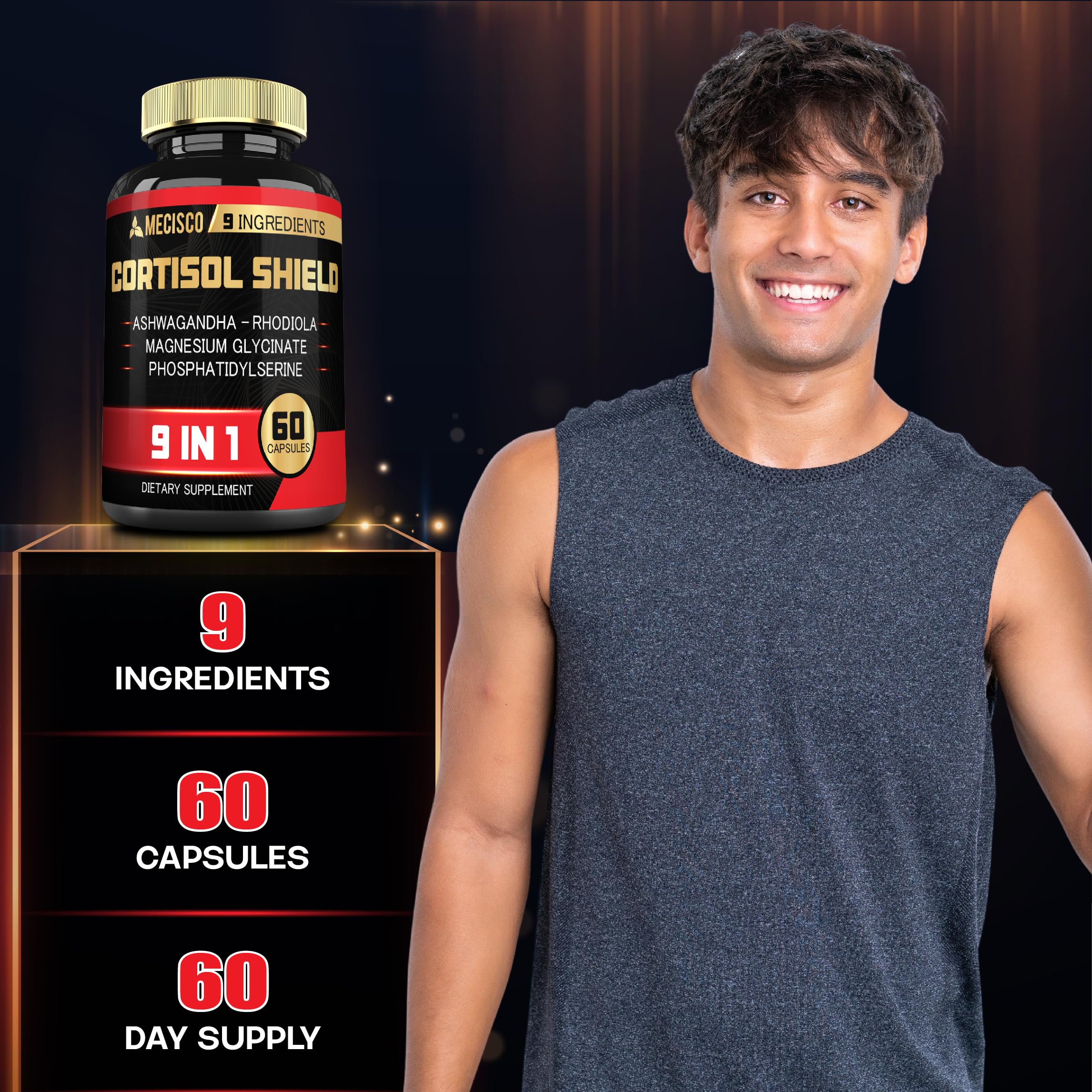 9in1 Cortisol Shield - Ashwagandha & Magnesium Glycinate, Rhodiola, Phosphatidylserine, L-Theanine, Licorice Root, St. John's Wort, Lions Mane - Mind & Mood, Restful Night Support - 60 Capsules Mecisco uk supplements