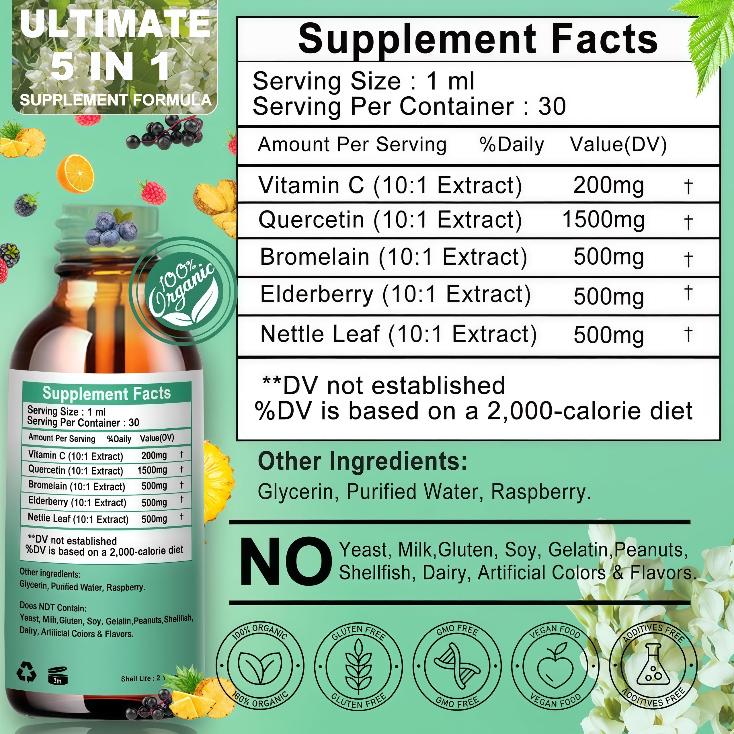 Quercetin Liquid Drops, Quercetin with Bromelain Elderberry Nettle Leaf Vitamin C Liquid Supplements, High Absorption Quercetin Liquid Drops for Women Men, Healthy Immune Antioxidant Support, Non-GMO Vita letuo uk supplements
