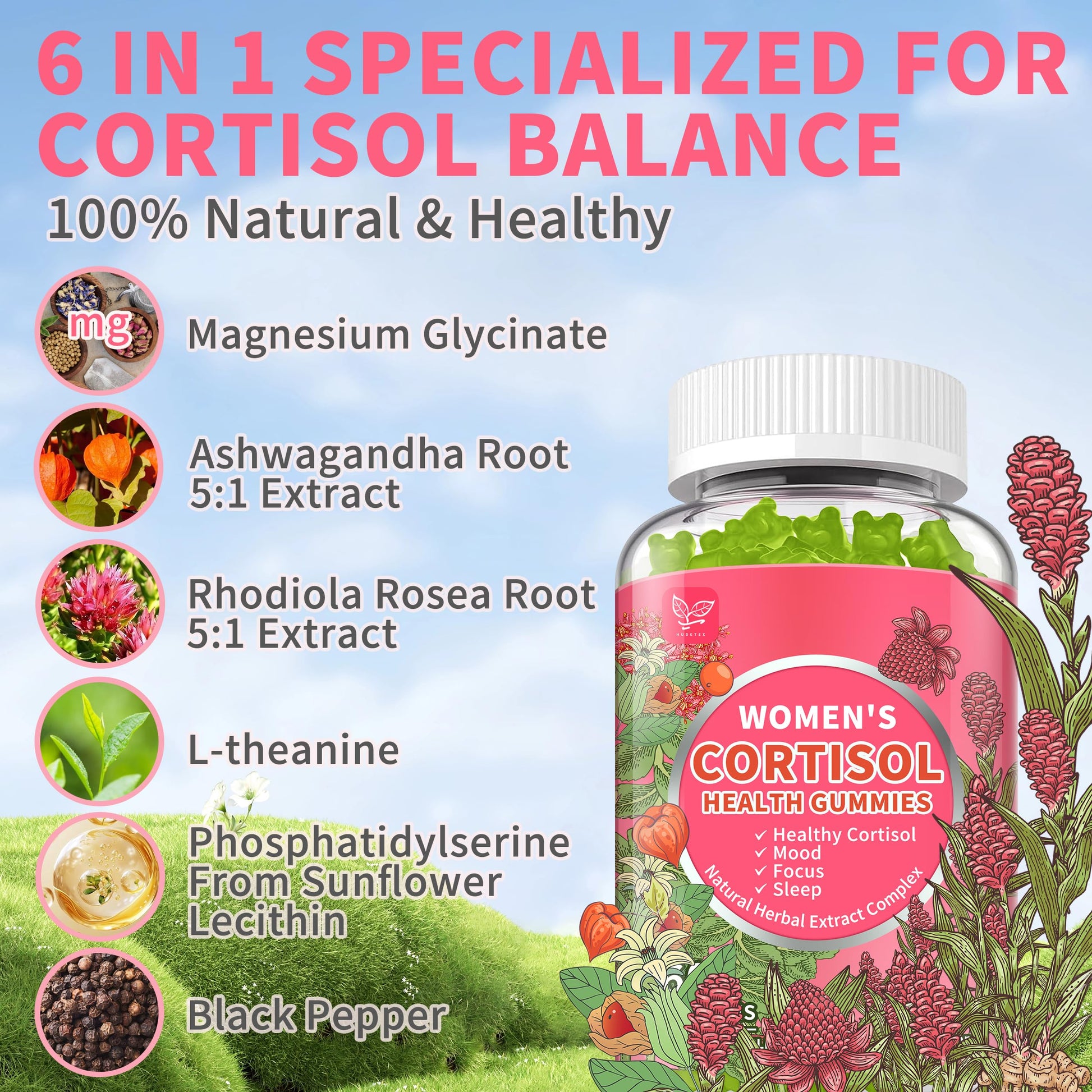 Cortisol Gummies for Women,Cortisol Manager with Ashwagandha,Magnesium,L-theanine,Phosphatidylserine,Rhodiola Rosea,Black Pepper for Mood Support,Adrenal Balance,Sleep,Vegan,Apple Flavor,60 Count Hudetex uk supplements