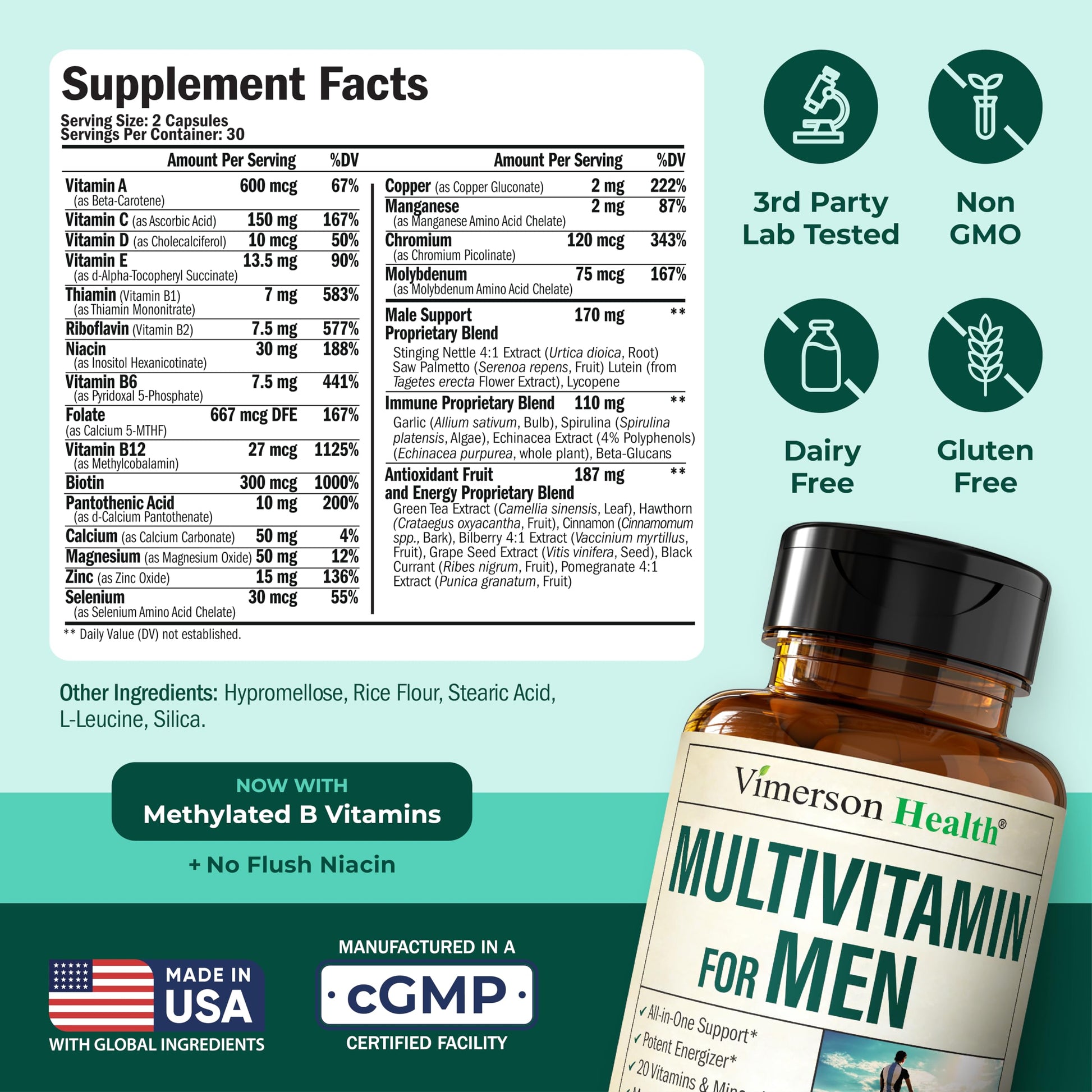 Multivitamin for Men – Methylated Mens Multivitamins & Multiminerals Capsules with Vitamin B12, A, D, C, Zinc, Magnesium & More for Complete Daily Support Vimerson Health uk supplements