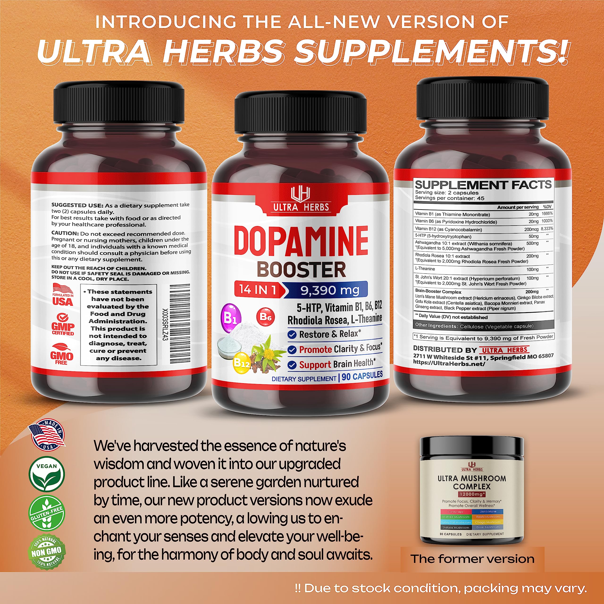 Dopamine Focus Supplement Ashwagandha 5000mg 5-HTP 50mg Rhodiola Rosea 2000mg ULTRA HERBS uk supplements