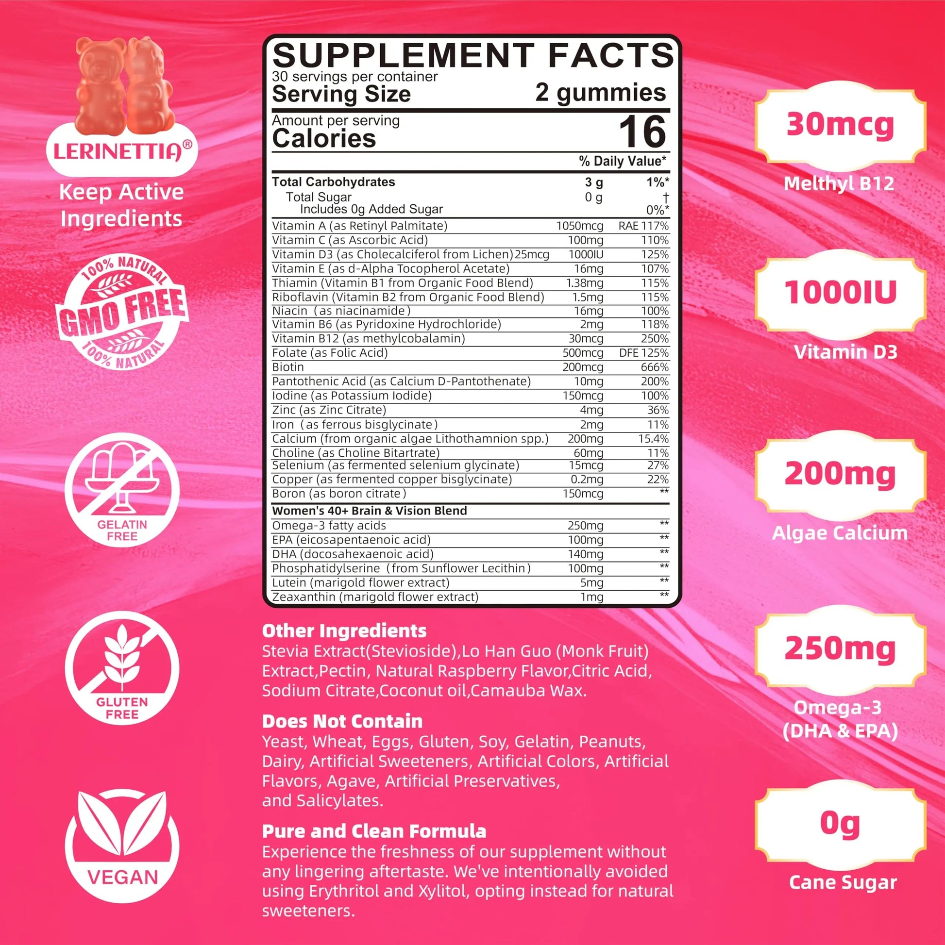 Lerinettia Multivitamin for Women Gummies for 40+ with Omega-3, Niacinamide, B-Complex, Lutein, Iron, Choline, Phosphatidylserine, Vitamin D3 Lerinettia uk supplements