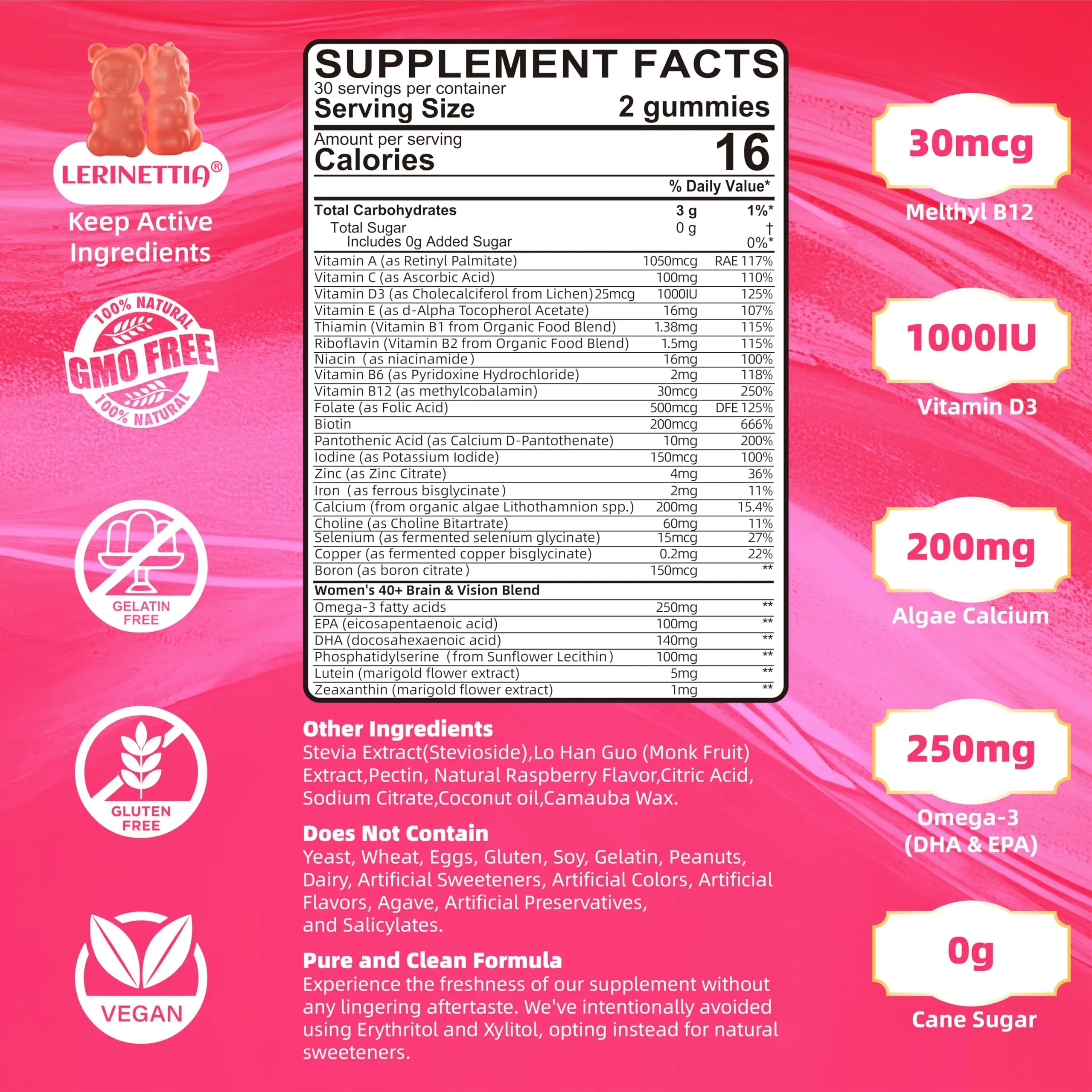 Lerinettia Multivitamin for Women Gummies for 40+ with Omega-3, Niacinamide, B-Complex, Lutein, Iron, Choline, Phosphatidylserine, Vitamin D3 Lerinettia uk supplements