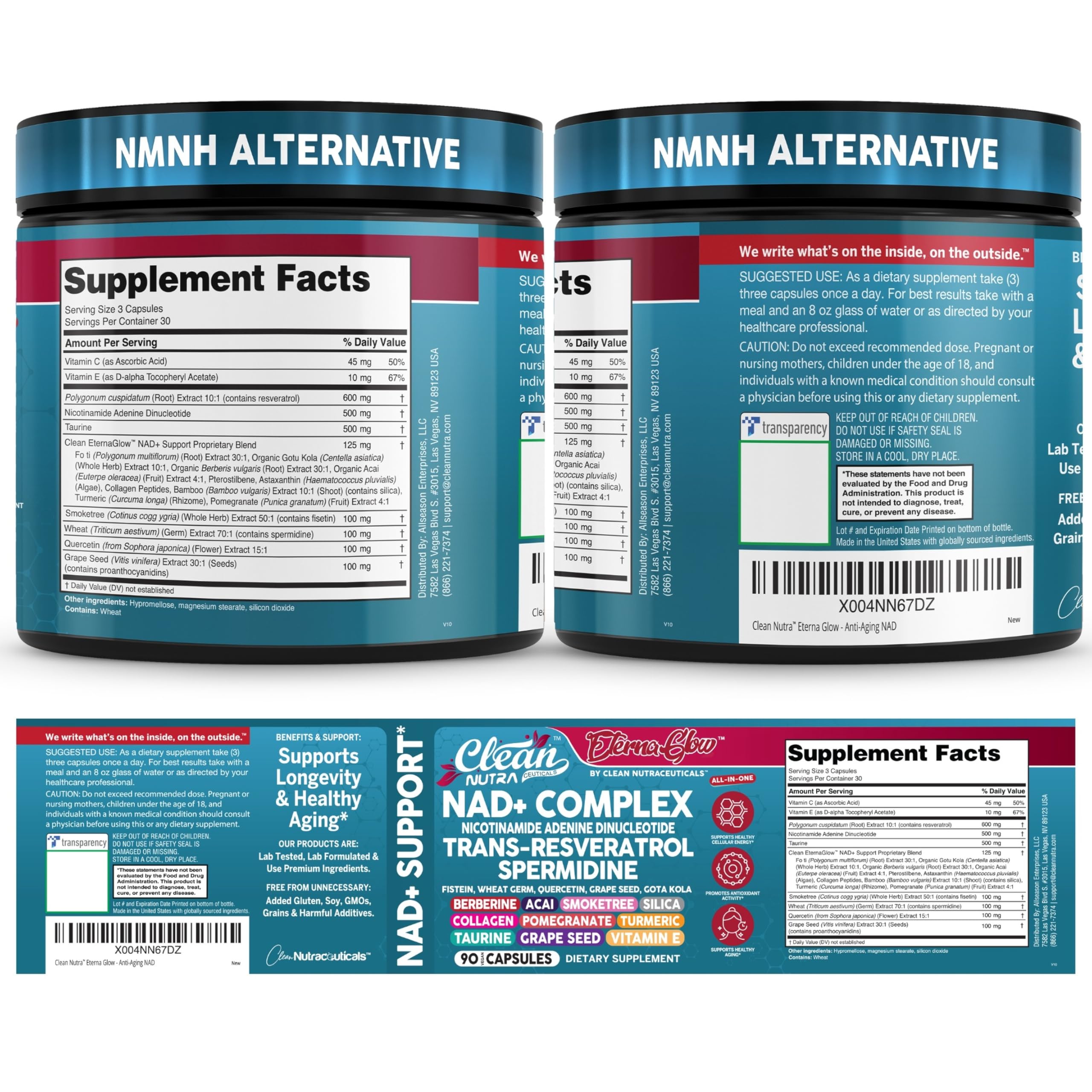 Clean NAD Supplement Resveratrol Liposomal NAD+ Spermidine Fisetin Wheat Germ Quercetin Grape Seed Extract Gotu Kola Berberine Astaxanthin Peptides for Women Energy 90 Capsules Clean Nutraceuticals uk supplements
