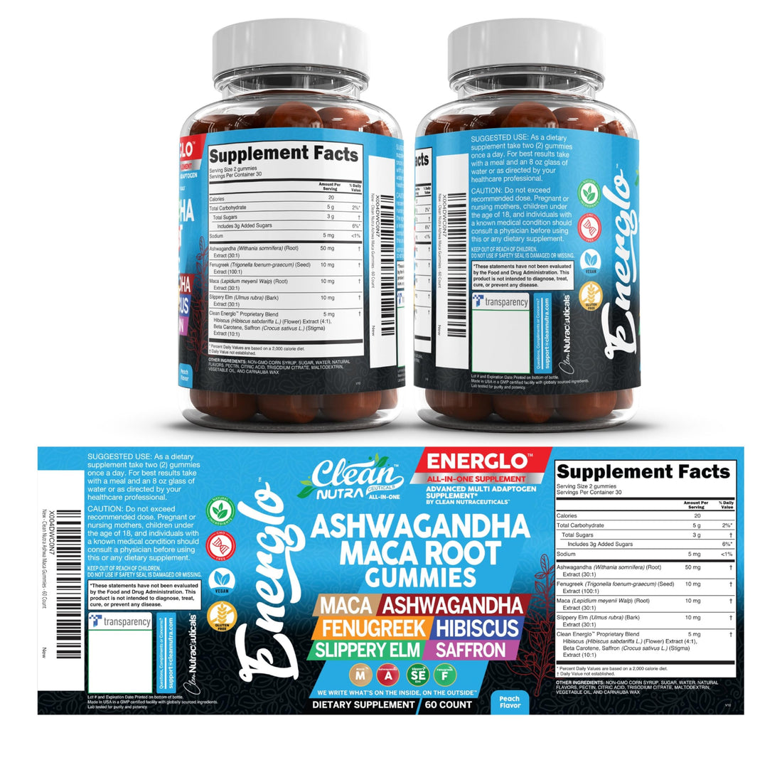 Ashwagandha Maca Root Gummies with Fenugreek Hibiscus Slippery Elm Saffron Extract & Beta Carotene | Peach Flavor Vegan Gummy Vitamins Adaptogen Cortisol Supplement Energlo by Clean Nutra Clean Nutraceuticals uk supplements