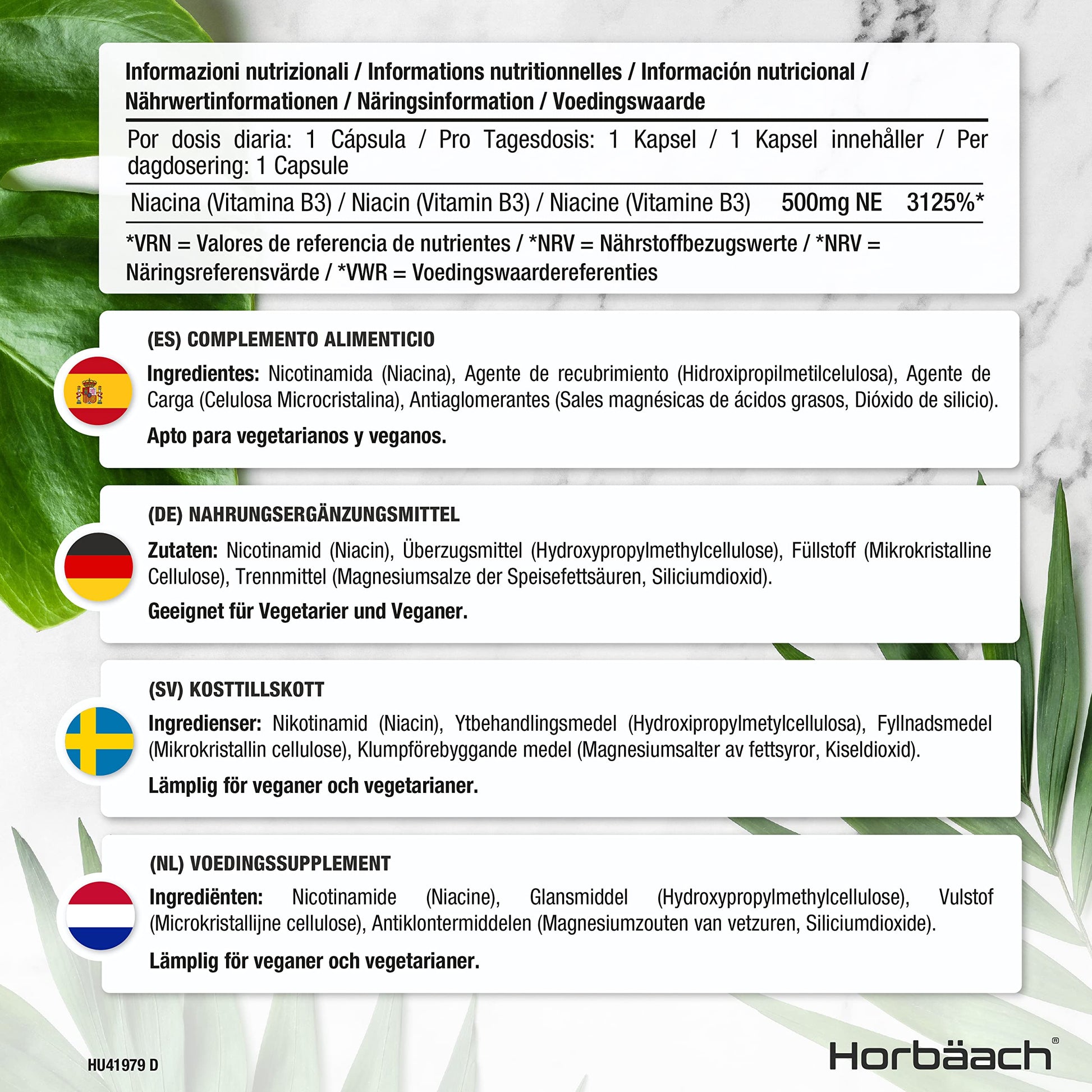 Vitamin B3 Niacin 500mg | 90 Vegan Capsules | Flush Free Nicotinamide Supplement Horbäach uk supplements