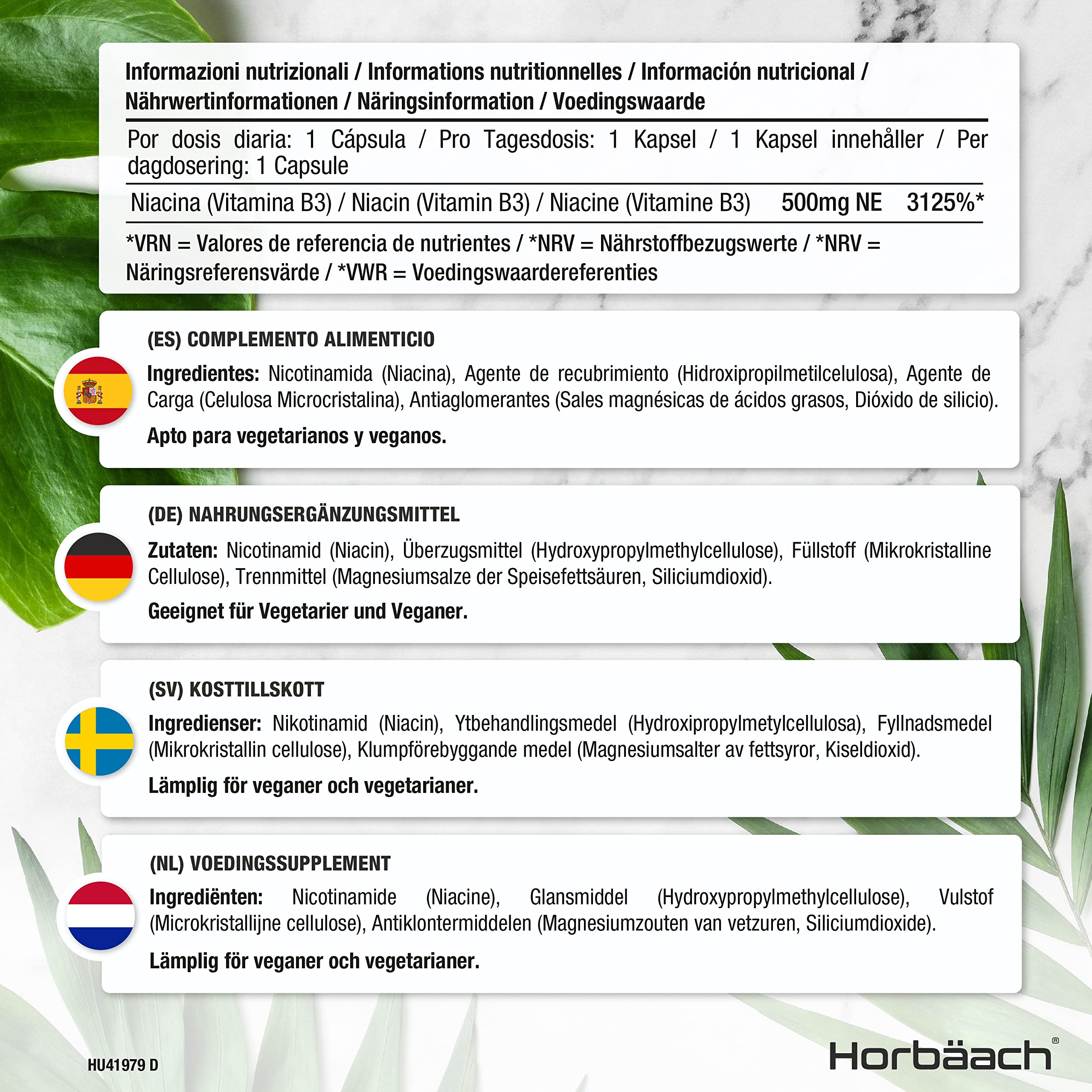 Vitamin B3 Niacin 500mg | 90 Vegan Capsules | Flush Free Nicotinamide Supplement Horbäach uk supplements