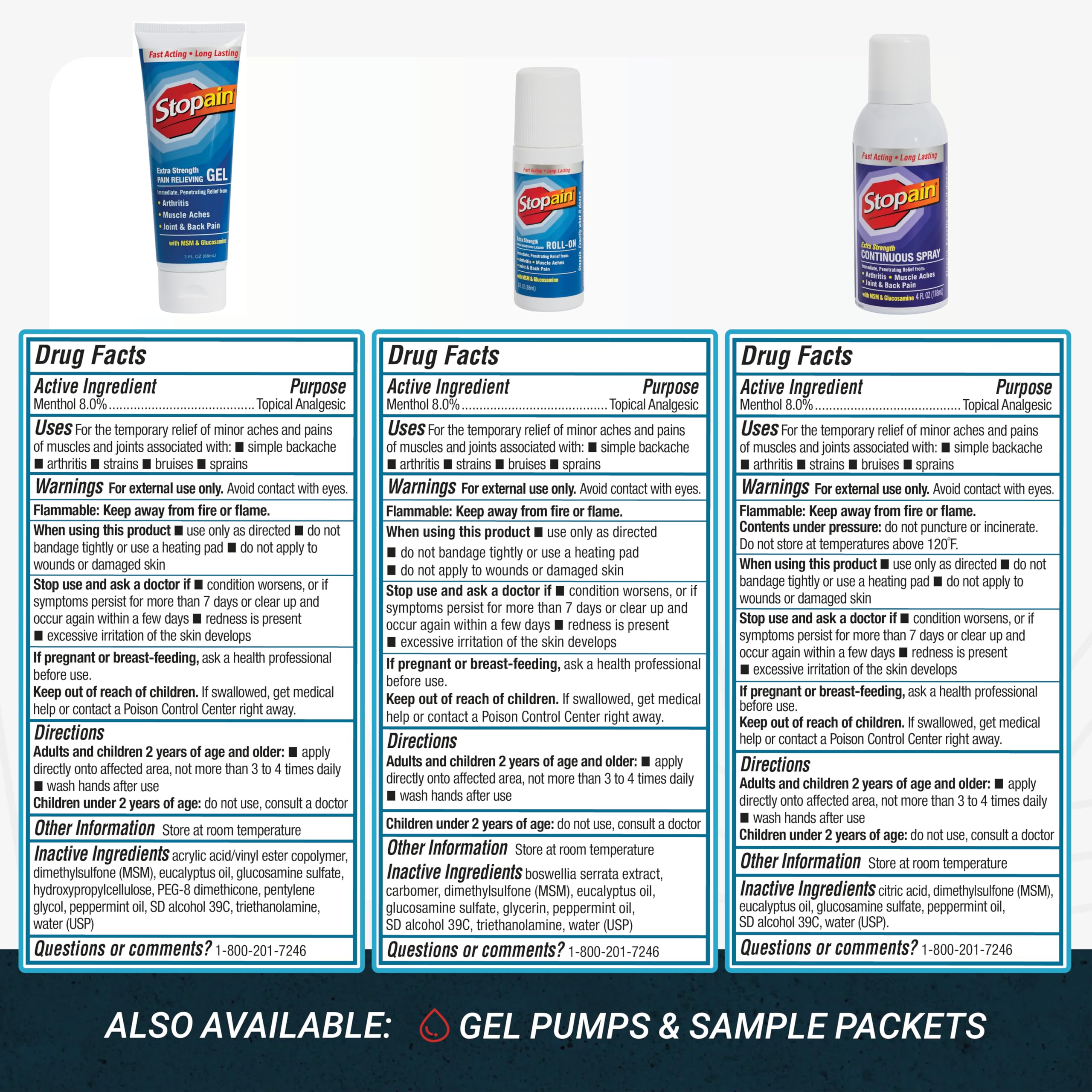 Stopain Pain Relief Combo Set (Gel, Roll On, Spray) USA Made, Max Strength Fast Acting with MSM, Glucosamine, Menthol for Lower Back, Knee, Neck HSA FSA Topical Analgesic Products Stopain uk supplements