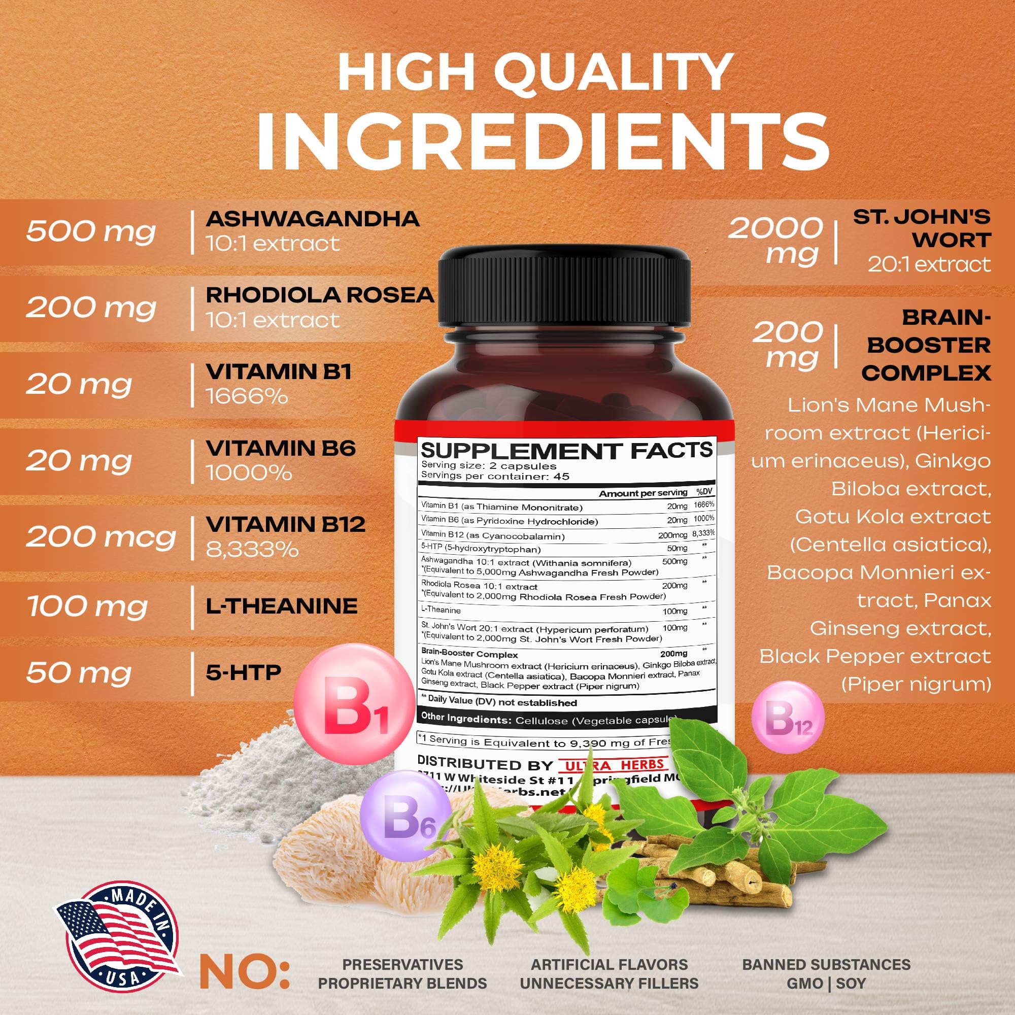 Dopamine Focus Supplement Ashwagandha 5000mg 5-HTP 50mg Rhodiola Rosea 2000mg ULTRA HERBS uk supplements