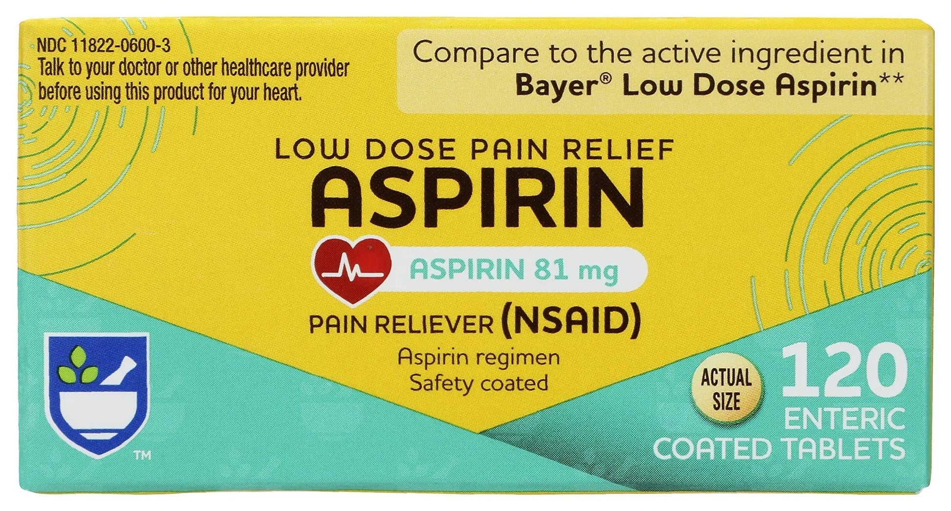 Rite Aid Aspirin Enteric Tablets, 81 mg Aspirin - 120 ct, Low Dose Aspirin | NSAID | Migraine Relief Products | Safety Coated | Enteric Coated Aspirin Regime (Package May Vary) Rite Aid uk supplements