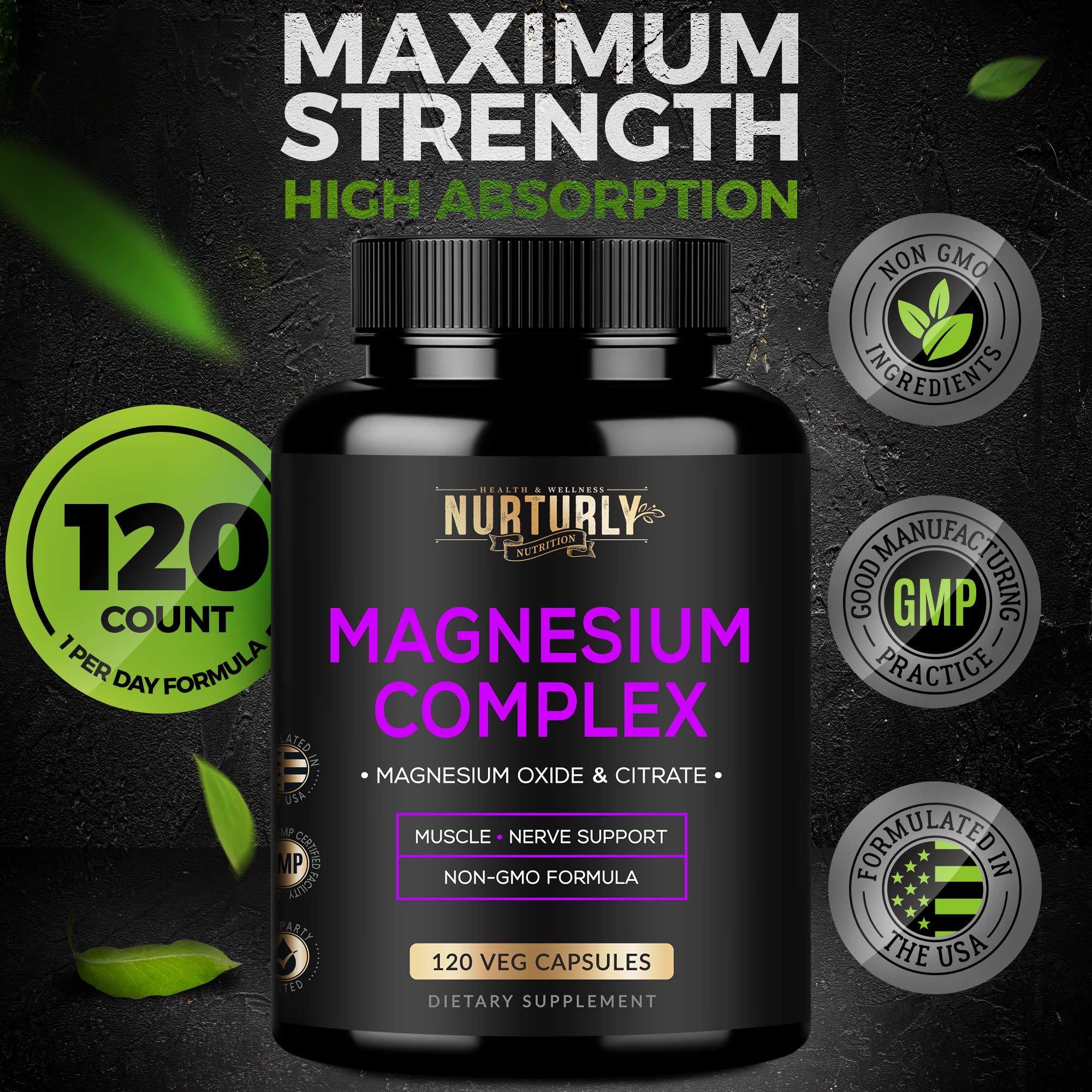 Magnesium Citrate & Oxide 500mg Complex Supplement - High Absorption Maximum Strength - Helps Support Bone Density and Strength, Muscles, Energy and Sleep - 120 Vegan Capsules NURTURLY uk supplements