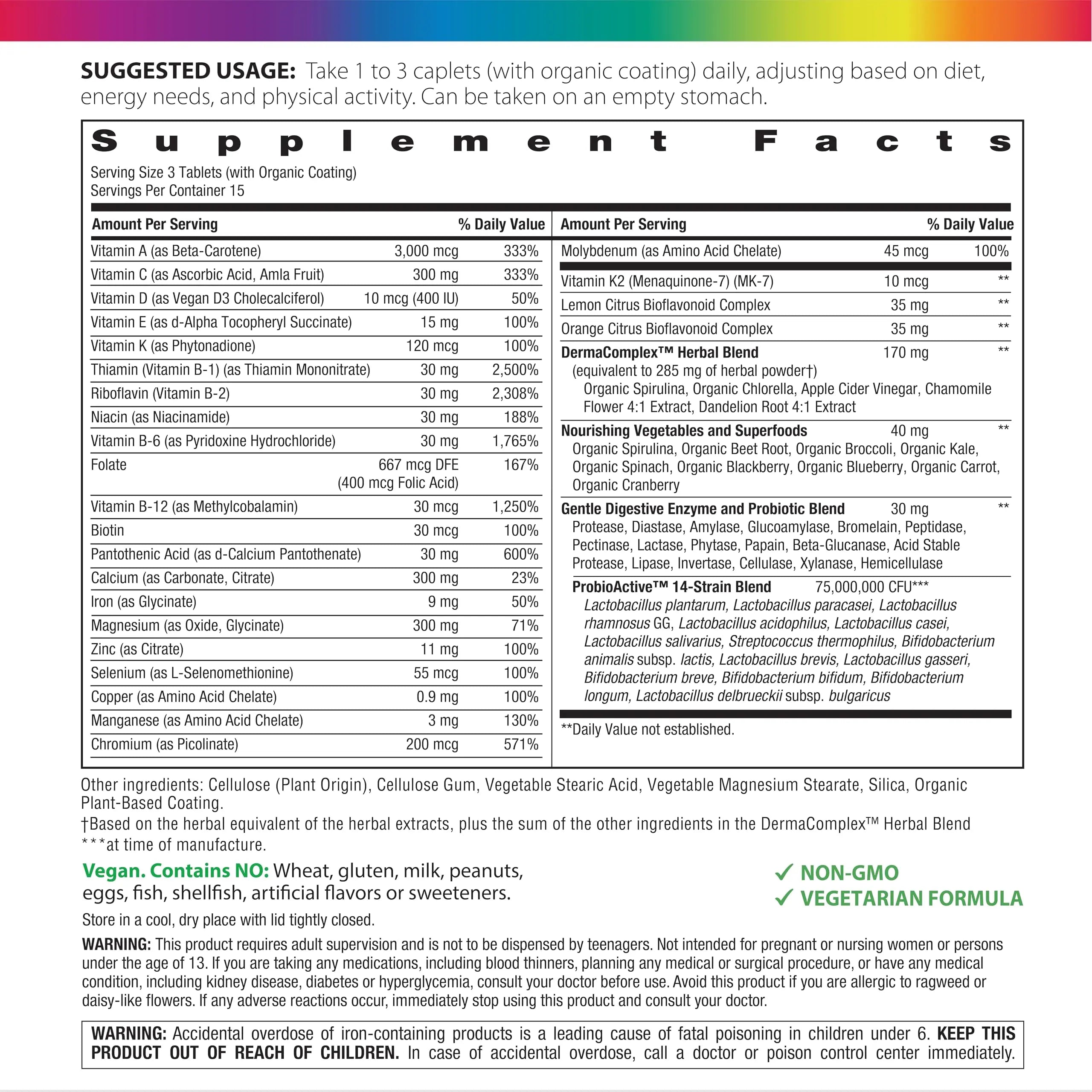 Rainbow Light Teen Multivitamin | 45 Caplets | for Boys and Girls | with DermaComplex, Real Food Nutrients & Iron | Rainbow Light uk supplements