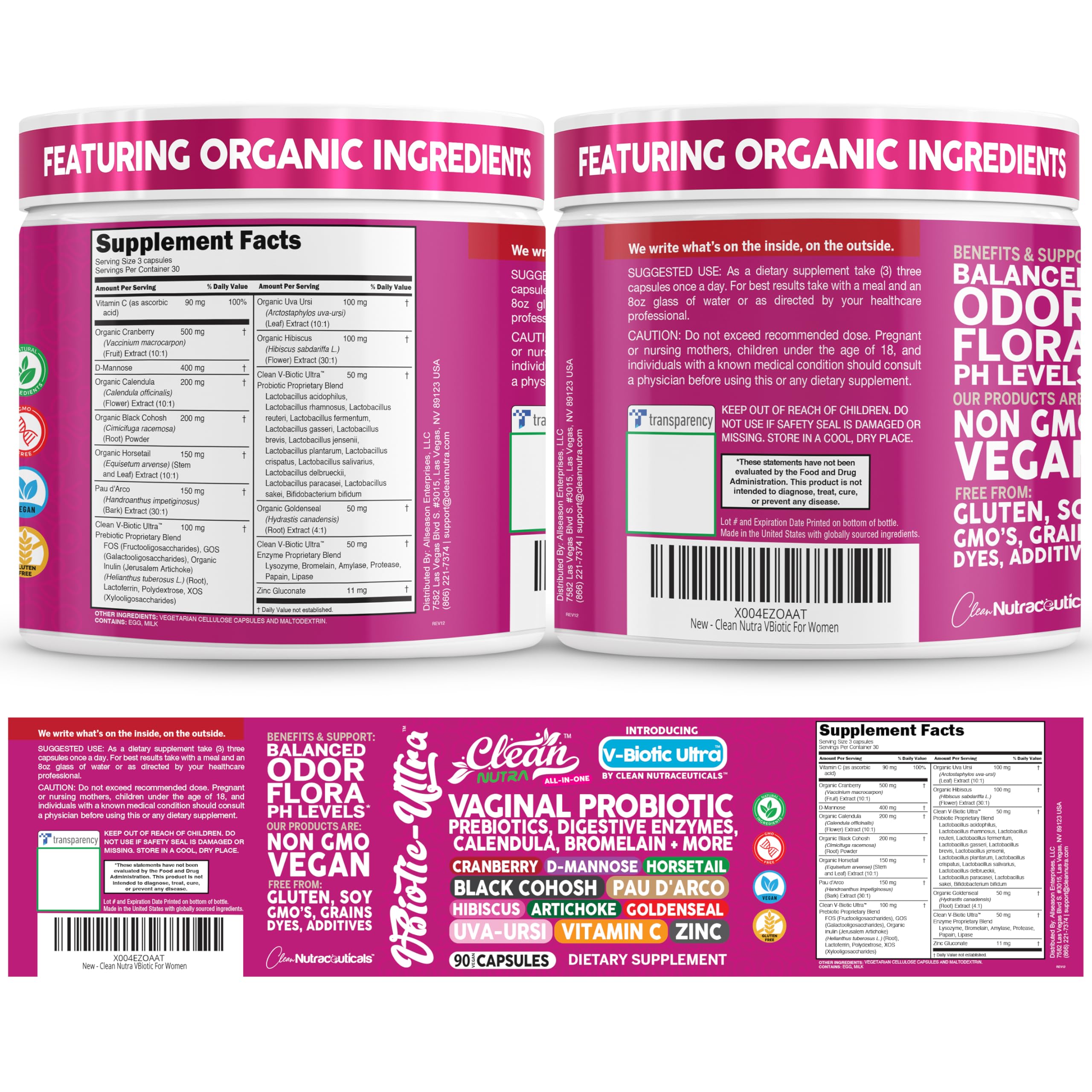 Clean Nutra Vaginal Probiotics for Women + Prebiotics Digestive Enzymes Bromelain Cranberry D Mannose Horsetail Black Cohosh Artichoke Hibiscus Flowers Probiotic for Digestive Health 90 Vegan Capsules Clean Nutraceuticals uk supplements