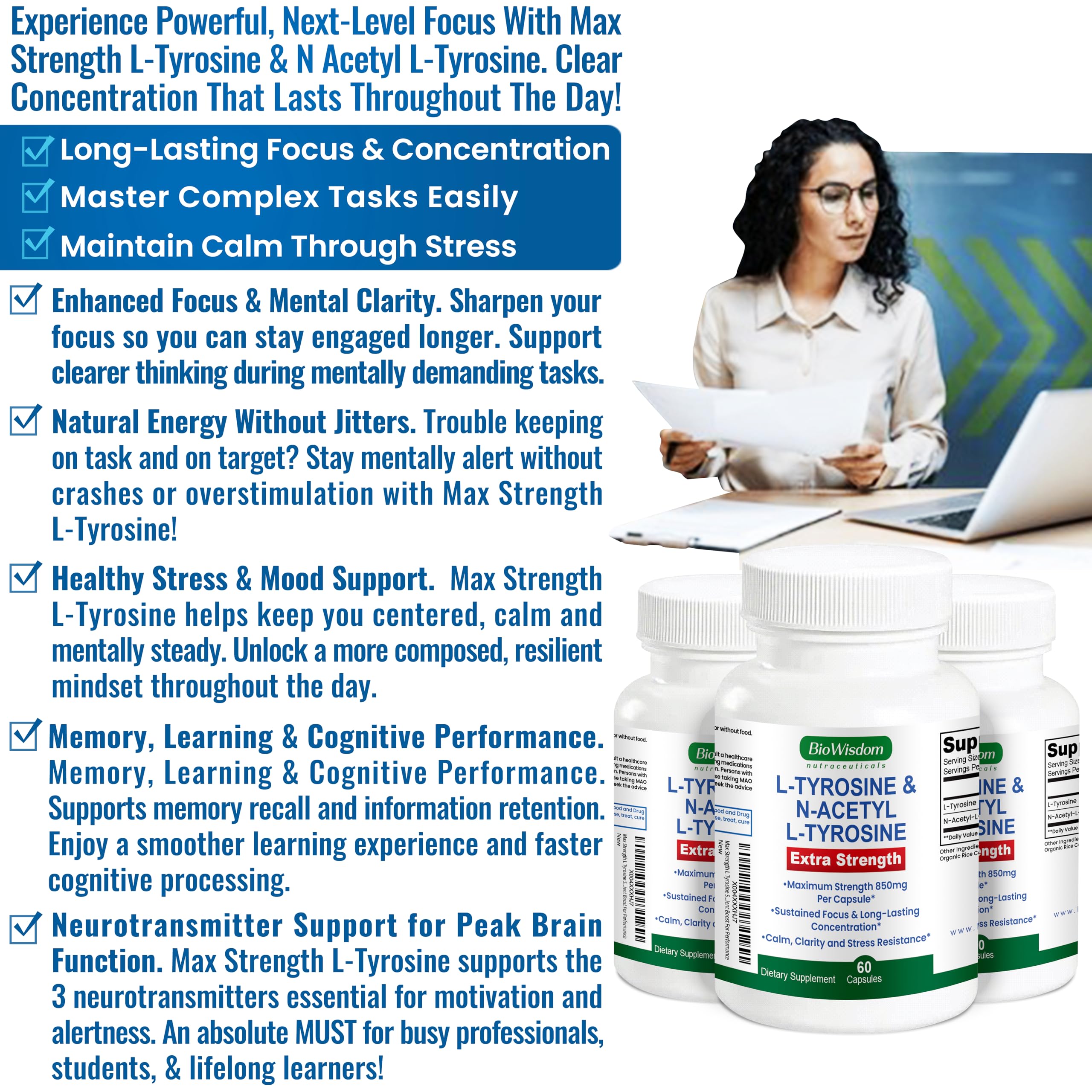 Max Strength L Tyrosine Supplement & N Acetyl L Tyrosine Peak Focus, Alertness, Concentration, Body & Mind Energy. L-Tyrosine 850mg Per 1 Capsule. A Well-Being Nutrient Boost For Performance BioWisdom Nutraceuticals uk supplements