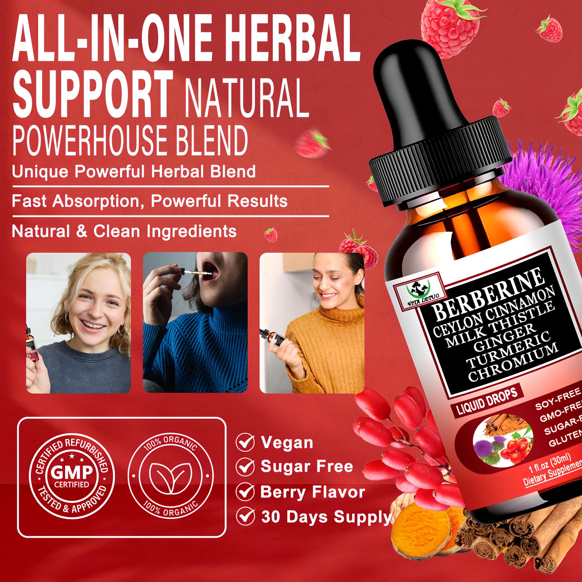 Berberine Drops, High Absorption 6-in-1 Liquid Berberine Supplement with Ceylon Cinnamon Milk Thistle Turmeric, Premium Berberine HCl for Immune Function Metabolic & Digestive Support, 30 Servings Vita letuo uk supplements