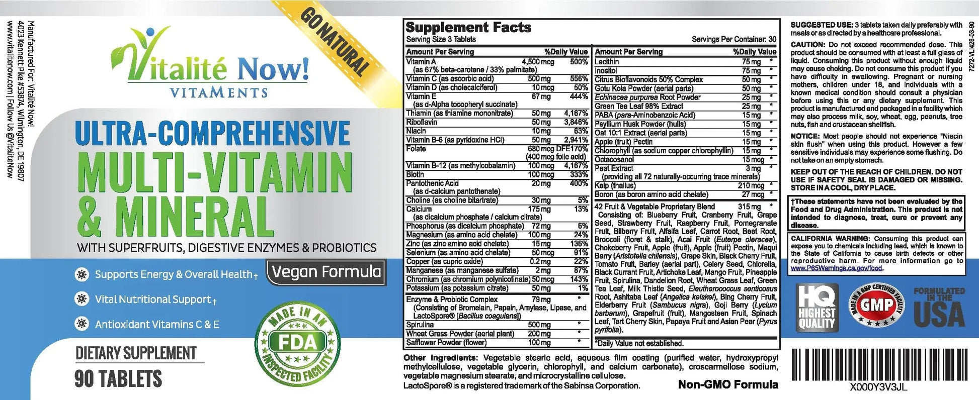 Vegan Whole Food Multivitamin & Mineral - Vitamins A B1 B2 B6 B12 C D3 E & 110 Super Foods, Herbs, Greens & Reds Vitalité Now! uk supplements