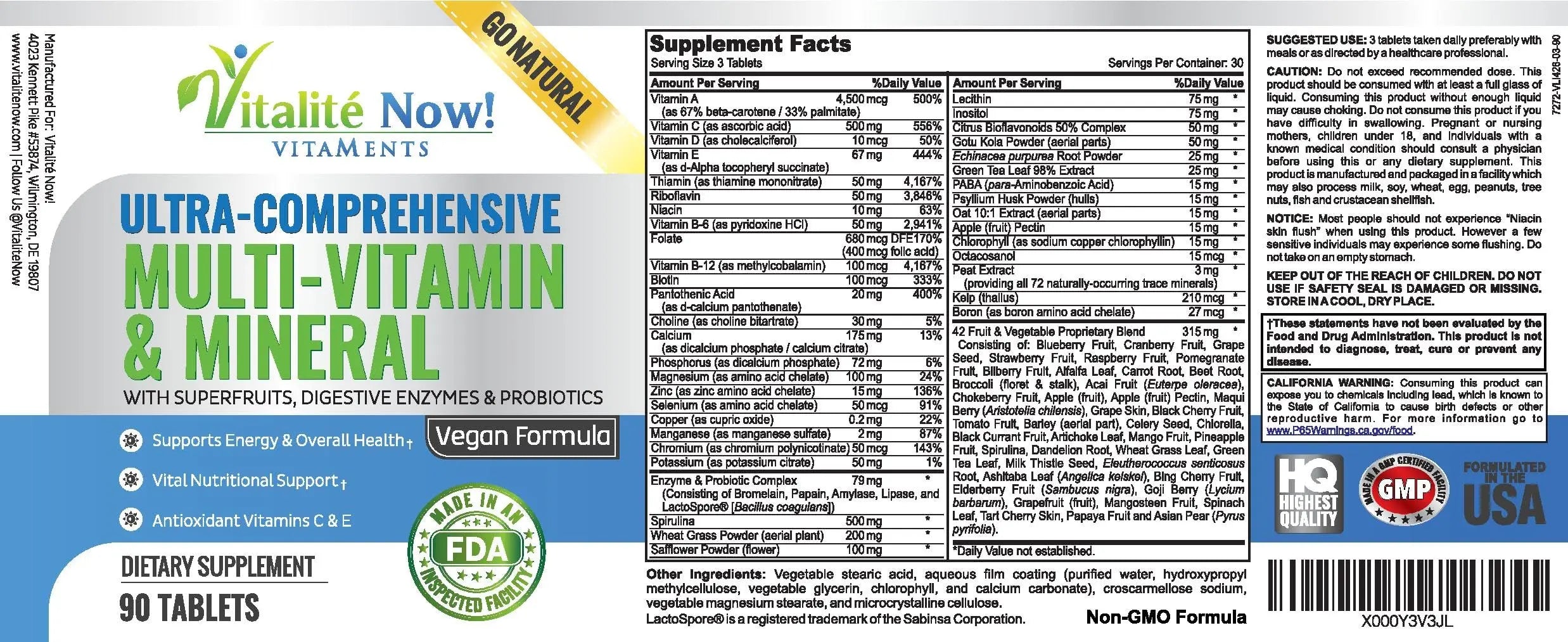 Vegan Whole Food Multivitamin & Mineral - Vitamins A B1 B2 B6 B12 C D3 E & 110 Super Foods, Herbs, Greens & Reds Vitalité Now! uk supplements