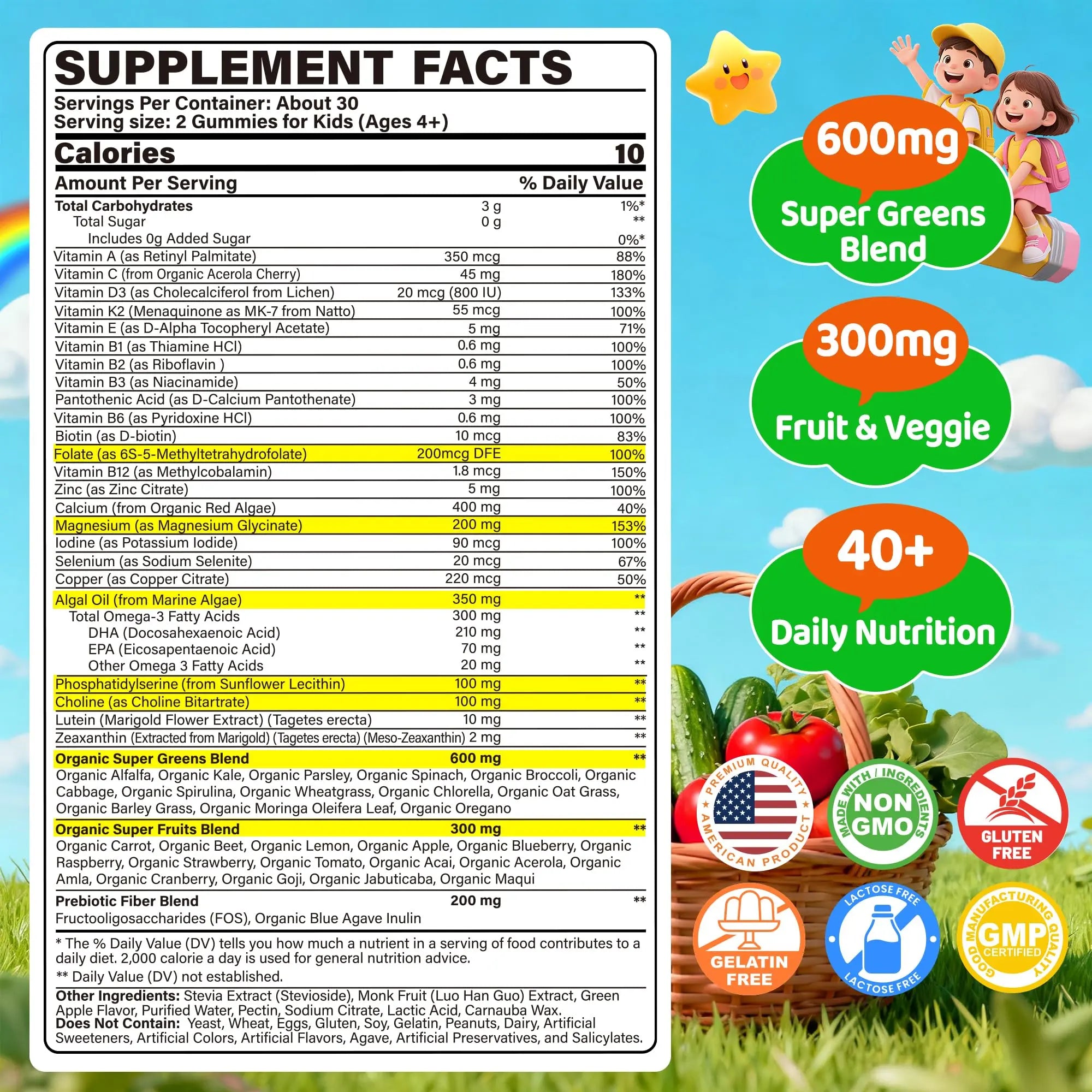 Kids Super Greens Gummies, w/Multivitamins, Spirulina, Chlorella, Spinach, Broccoli, Calcium, Omega-3 (DHA/EPA) EnvyCure uk supplements