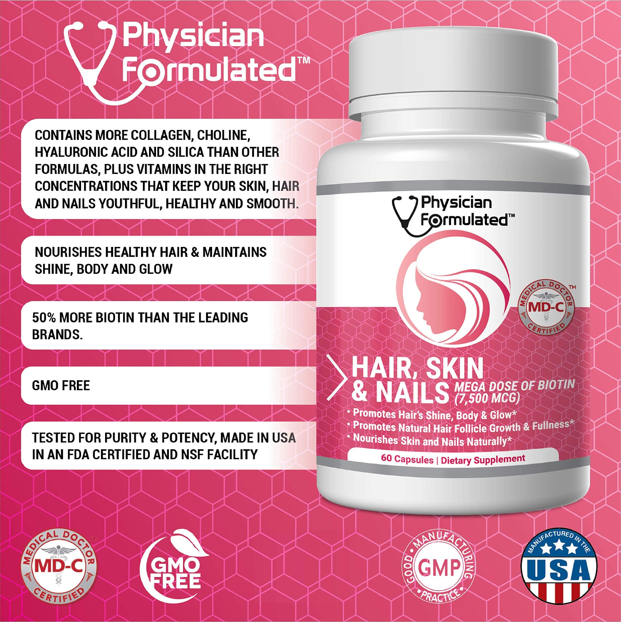 Physician Formulated Healthy Hair Skin and Nails Vitamins for Men and Women - 7500 mcg Biotin, Amino Acids, Collagen and Hyaluronic Acid - 60 Capsules Physician Formulated uk supplements