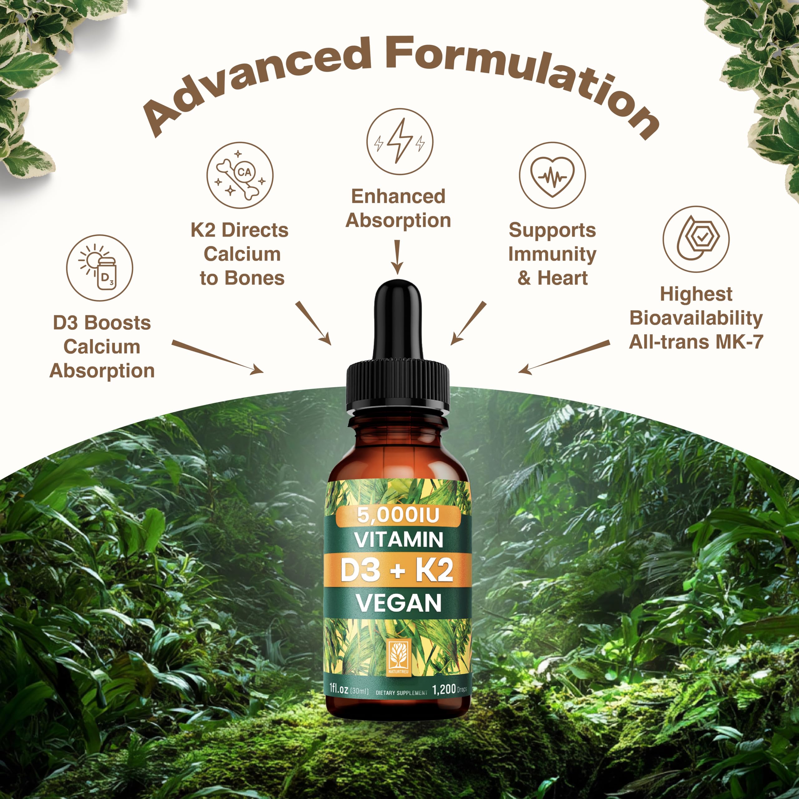 NATURTREU Vegan Vitamin D3 K2 Liquid Drops with MCT Oil for Adults (240 Servings) - Liquid Vitamin D K2 MK7 - All Natural, Non-GMO & Dr Formulated with 3X More Absorption - Third-Party Tested NATURTREU uk supplements