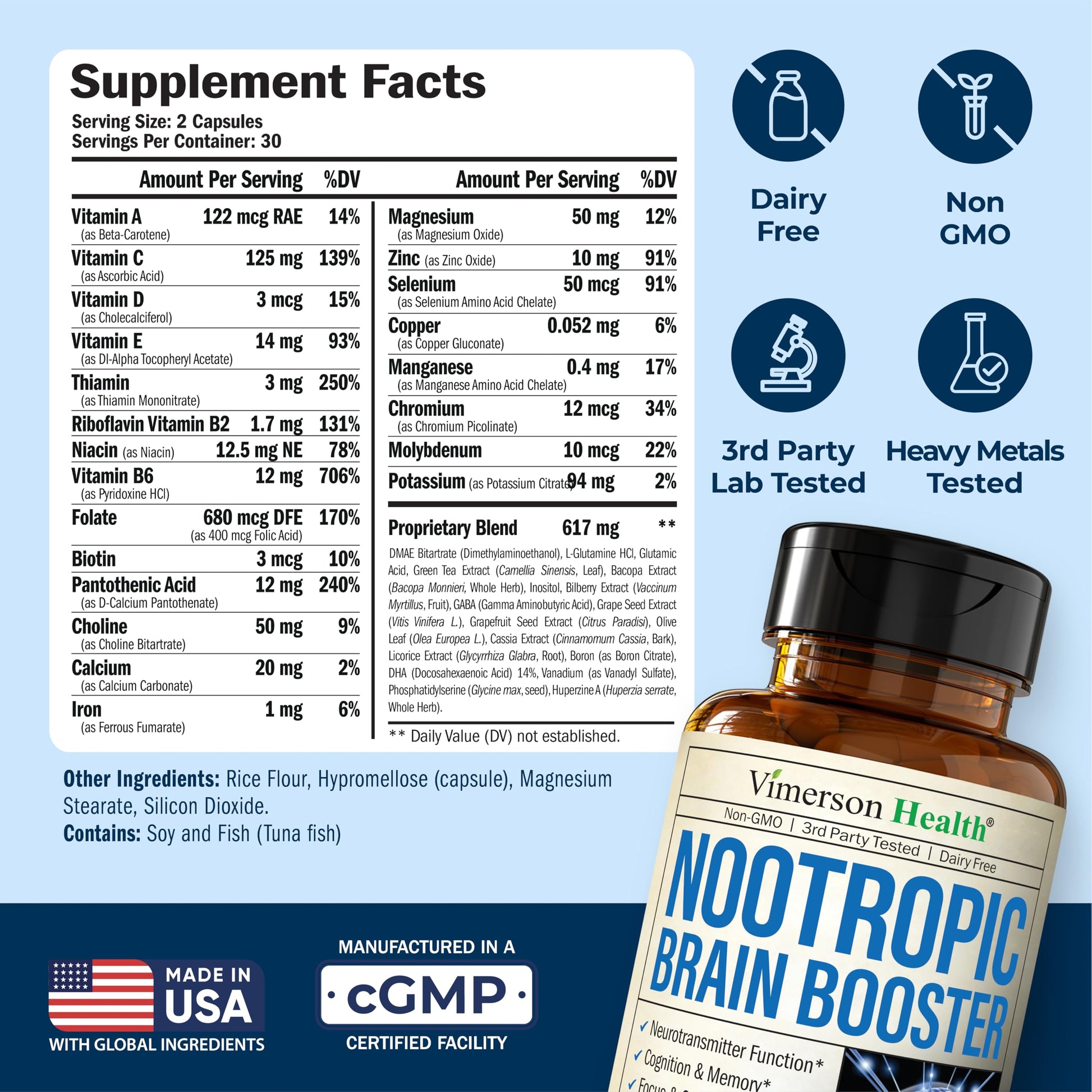 Nootropics Brain Support Supplement - Nootropic Brain Booster for Improved Focus, Concentration & Memory. Brain Nootropic for Brain Health, Mood & Energy Support. Non-GMO. Made in the USA. 60 Capsules Vimerson Health uk supplements