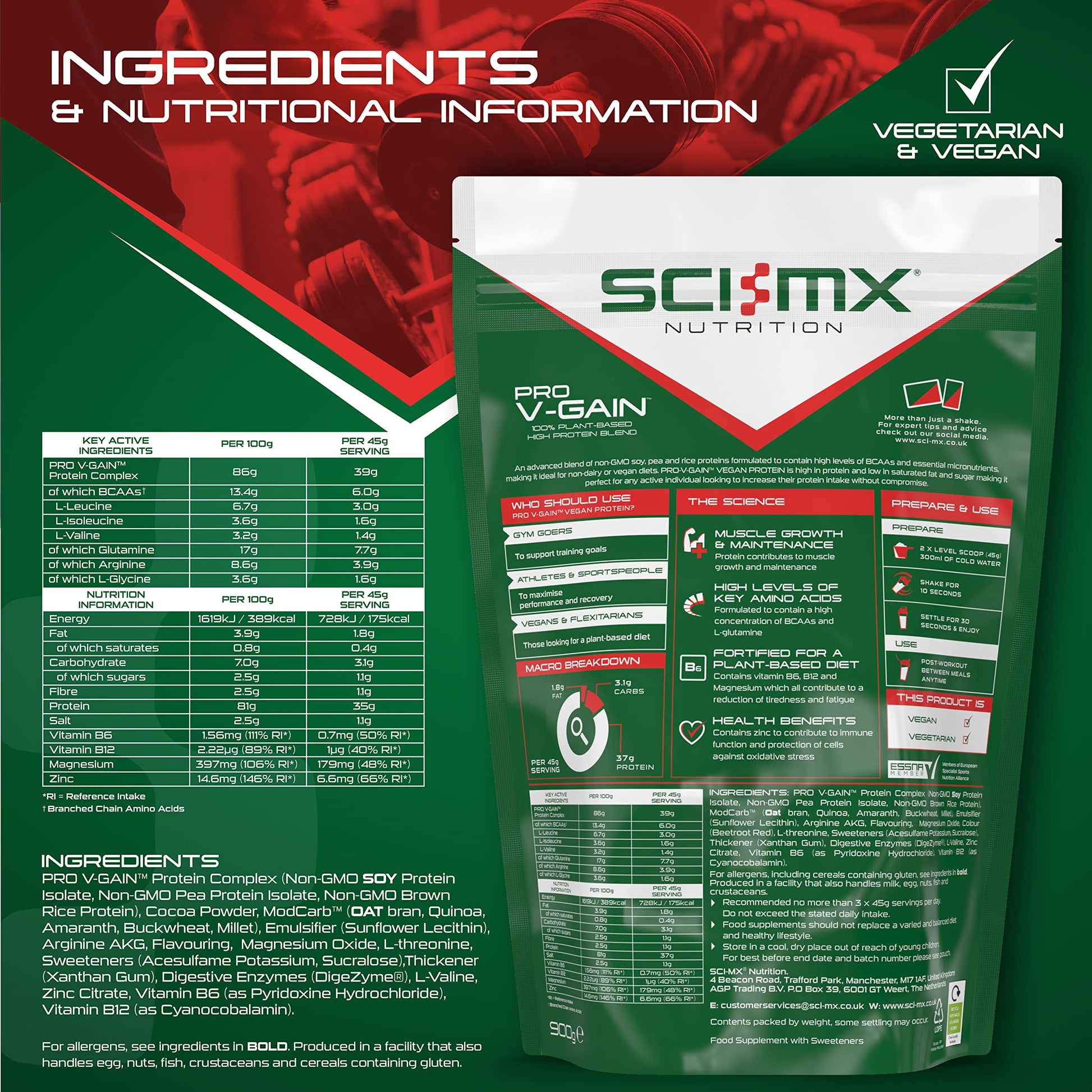 SCI-MX Pro V Gain 100% Plant Based Vegan Protein Formula With No Added Sugar - Chocolate Flavour - 900g - 20 SERVINGS SCI-MX uk supplements