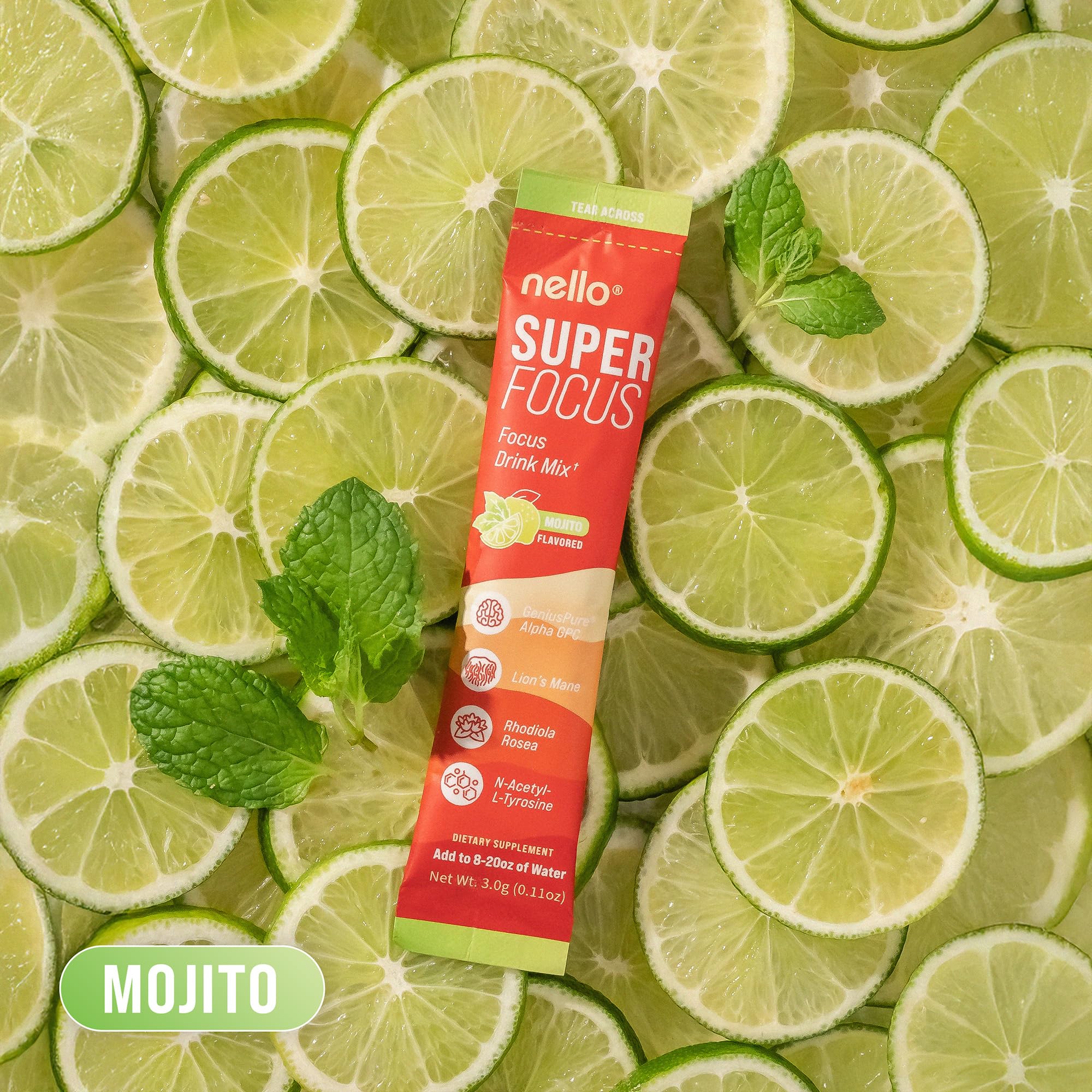 Nello Superfocus Mojito – Nootropic Focus Drink Mix, 20 On-The-Go Packets, Alpha GPC, Lion’s Mane, Rhodiola, Sugar-Free Nello uk supplements