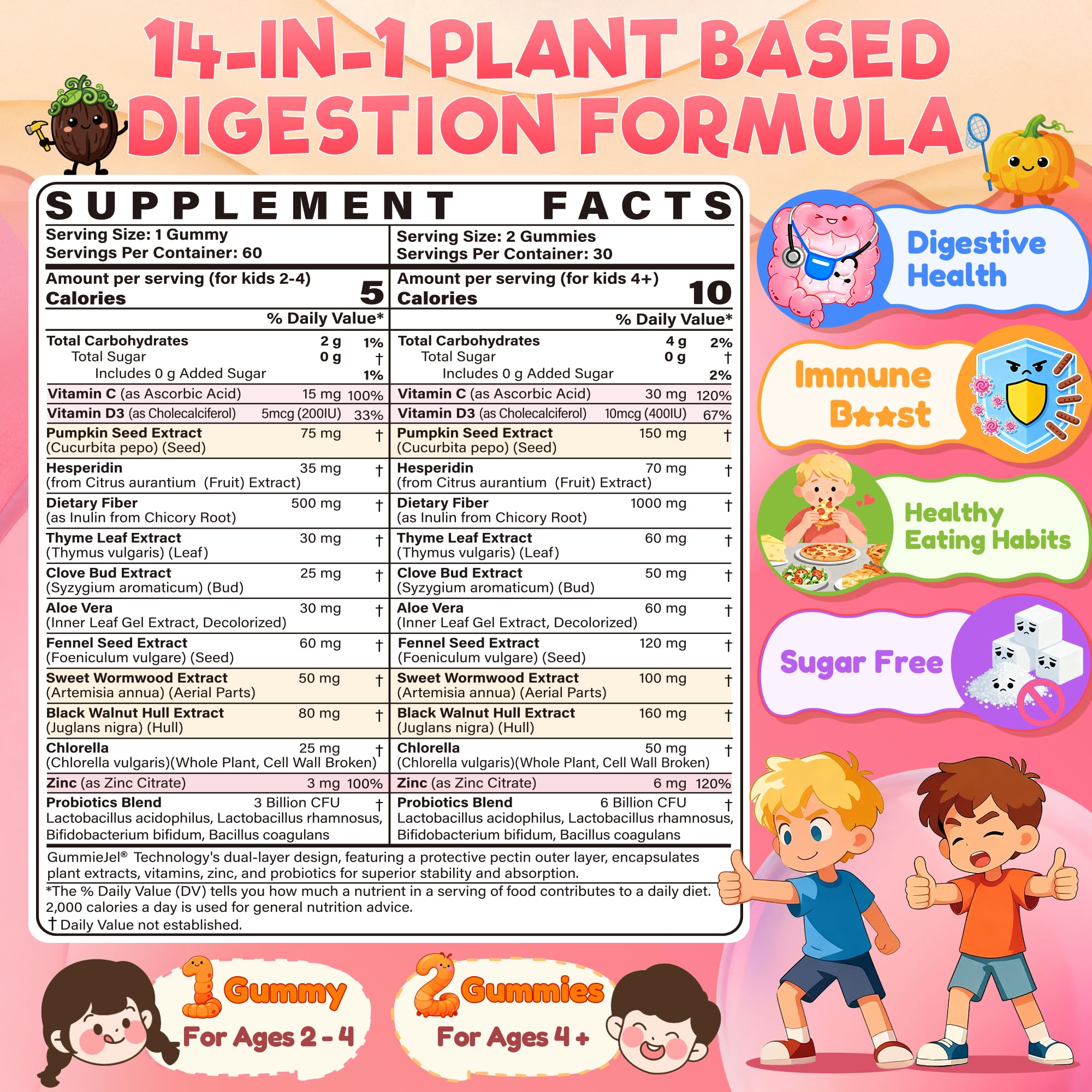 Toddler 2-4 & Kids 4+ Para Clean Gut Health Gummies w/Black Walnut, Wormwood, Clove, Pumpkin Seeds, Vitamin C, D3, Zinc, Digestive Supplement for Natural Gut Cleanse, Kids Immune Support (60cts) EnvyCure uk supplements