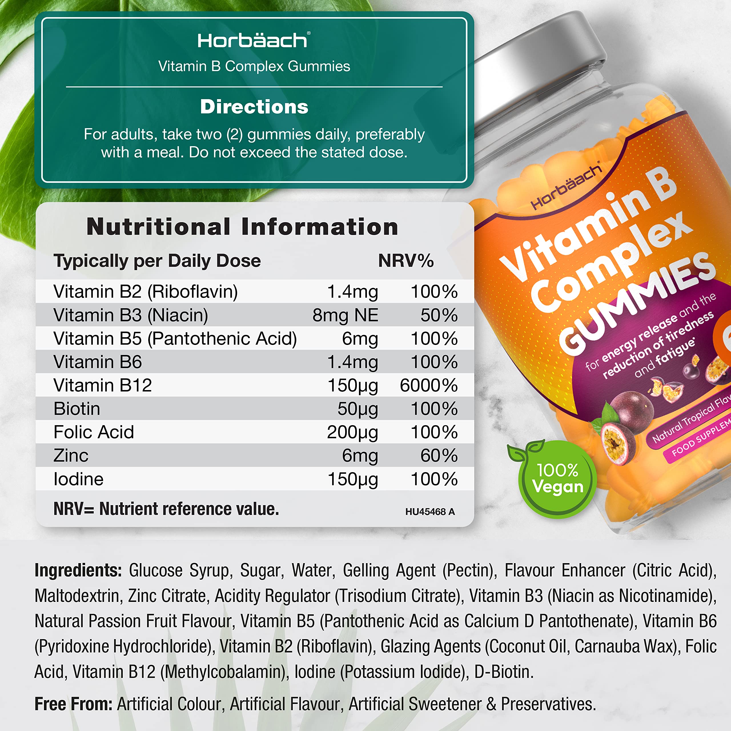 Vitamin B Complex Gummies | 60 Vegan Gummies - Tablet Alternative | High Strength B12 Horbäach uk supplements