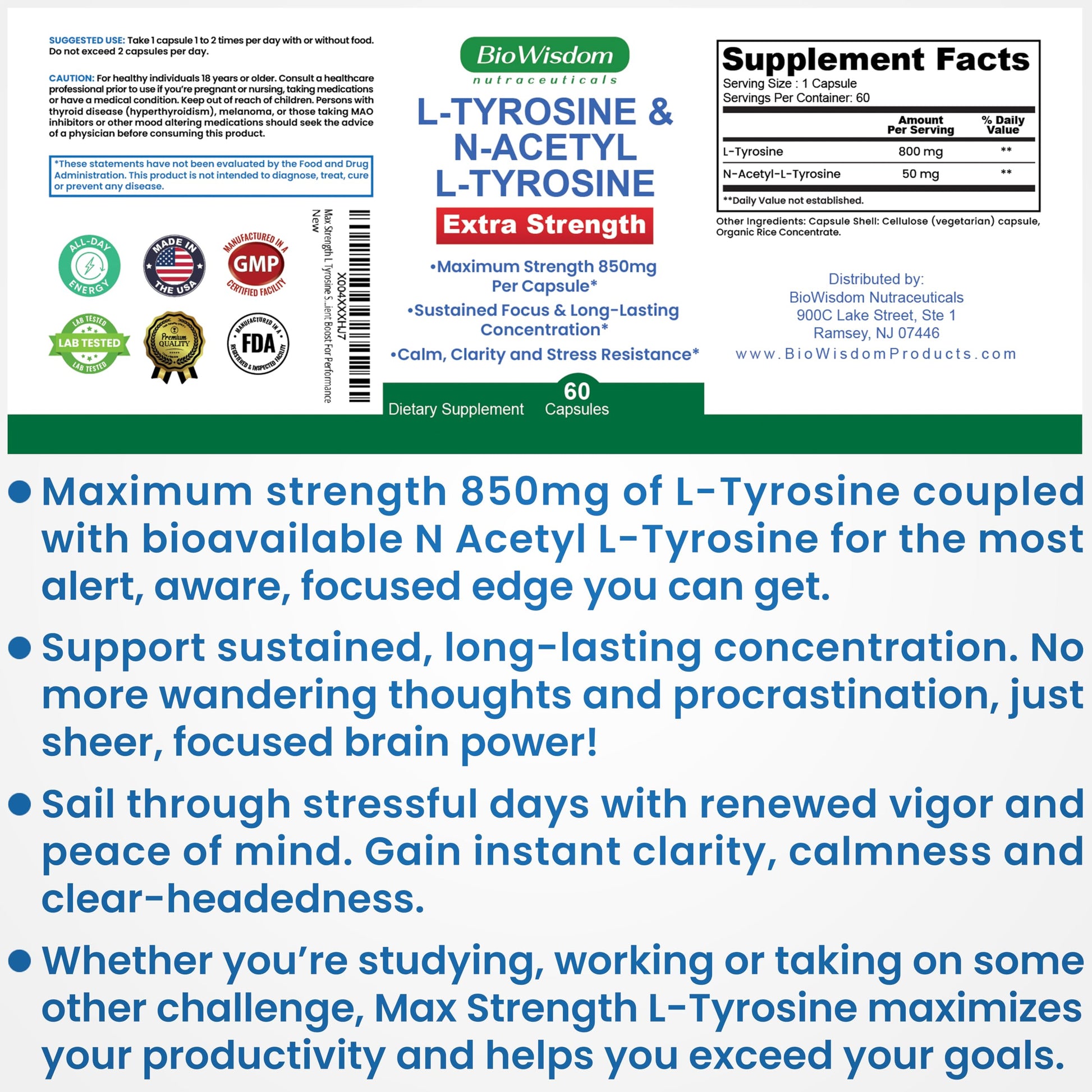 Max Strength L Tyrosine Supplement & N Acetyl L Tyrosine Peak Focus, Alertness, Concentration, Body & Mind Energy. L-Tyrosine 850mg Per 1 Capsule. A Well-Being Nutrient Boost For Performance BioWisdom Nutraceuticals uk supplements