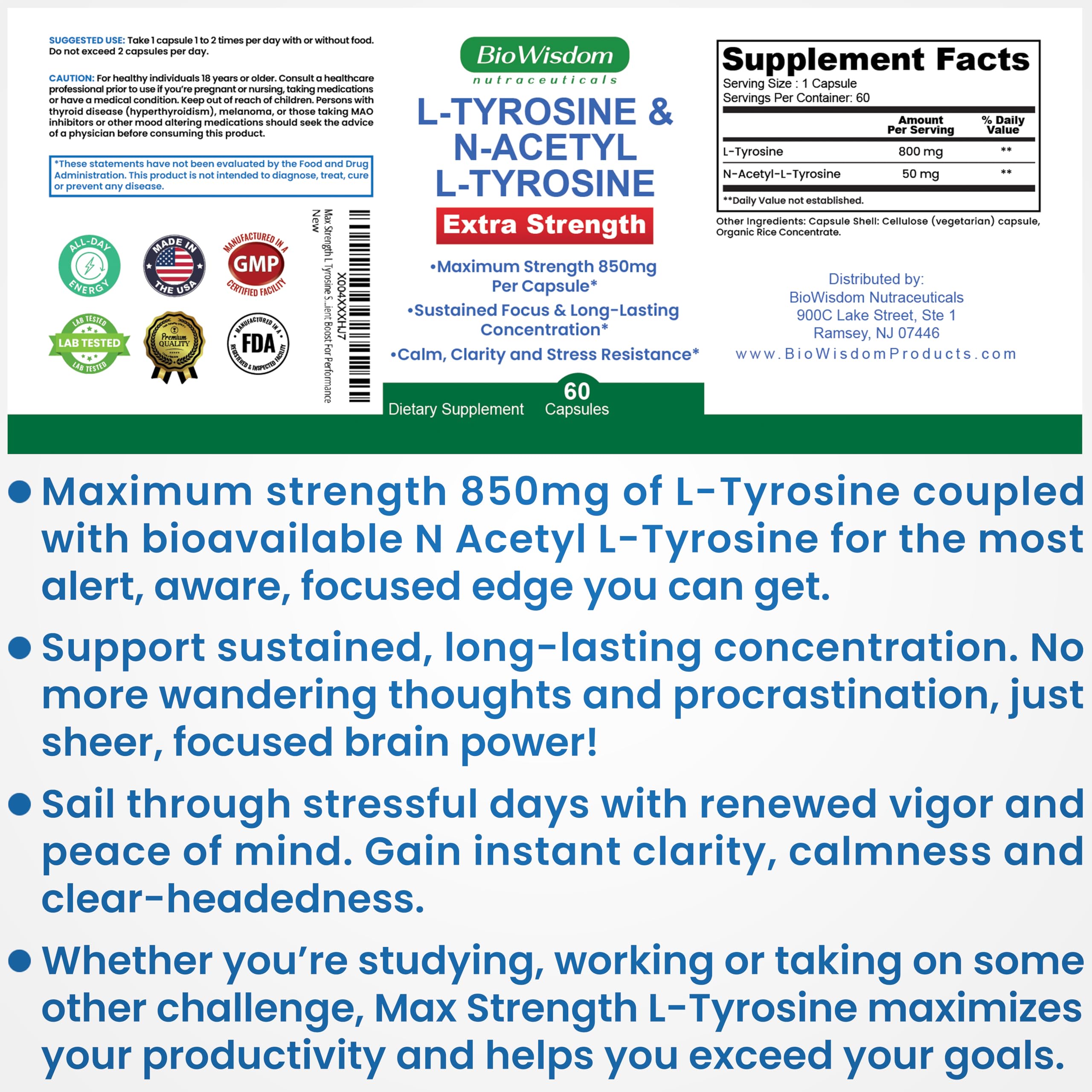 Max Strength L Tyrosine Supplement & N Acetyl L Tyrosine Peak Focus, Alertness, Concentration, Body & Mind Energy. L-Tyrosine 850mg Per 1 Capsule. A Well-Being Nutrient Boost For Performance BioWisdom Nutraceuticals uk supplements