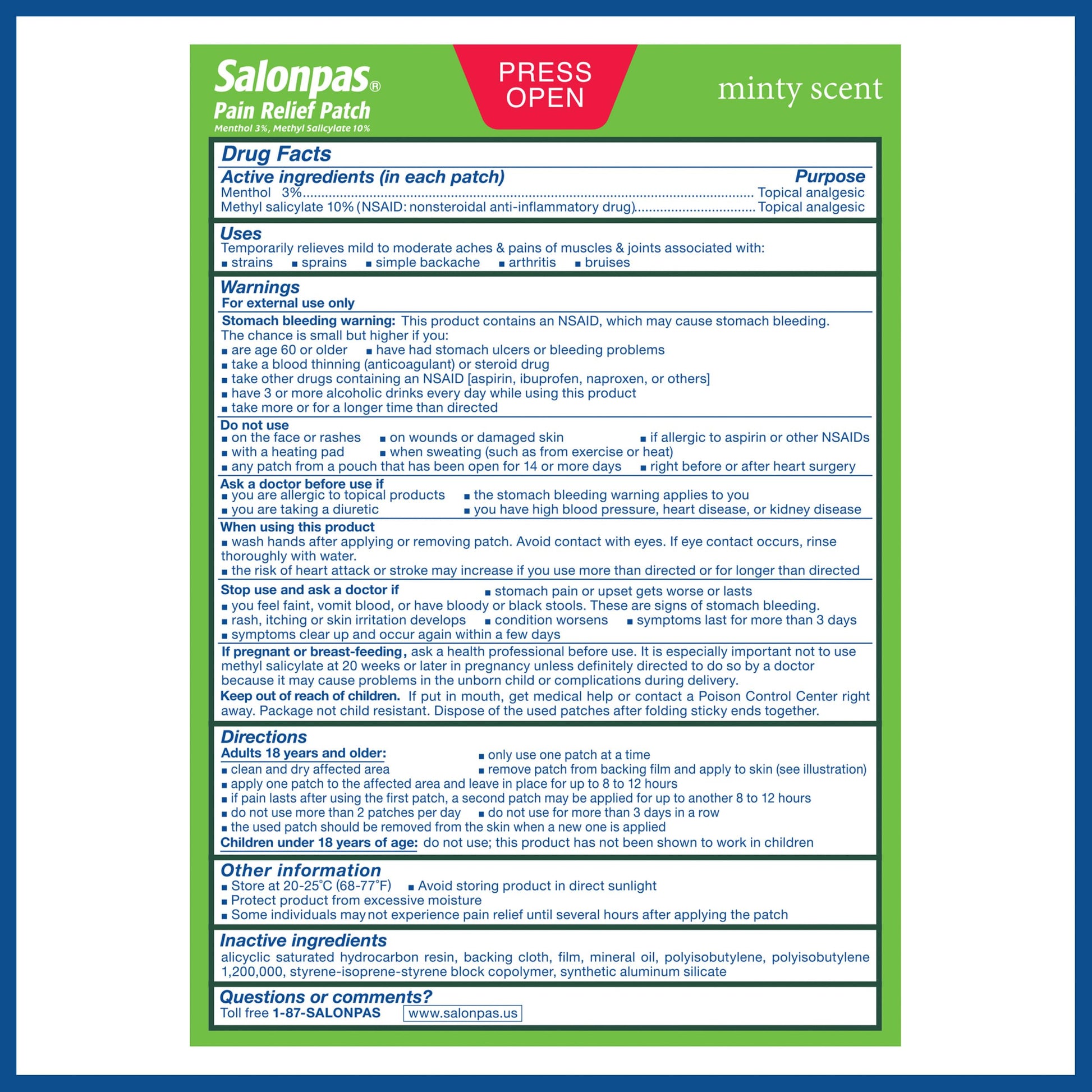 Salonpas Pain Relief Patch, 20 Count (Pack of 1), Up to 12 Hours Temporary Relief of Mild to Moderate Pain, Backache, Sore Muscle, Sprains, Bruises Salonpas uk supplements