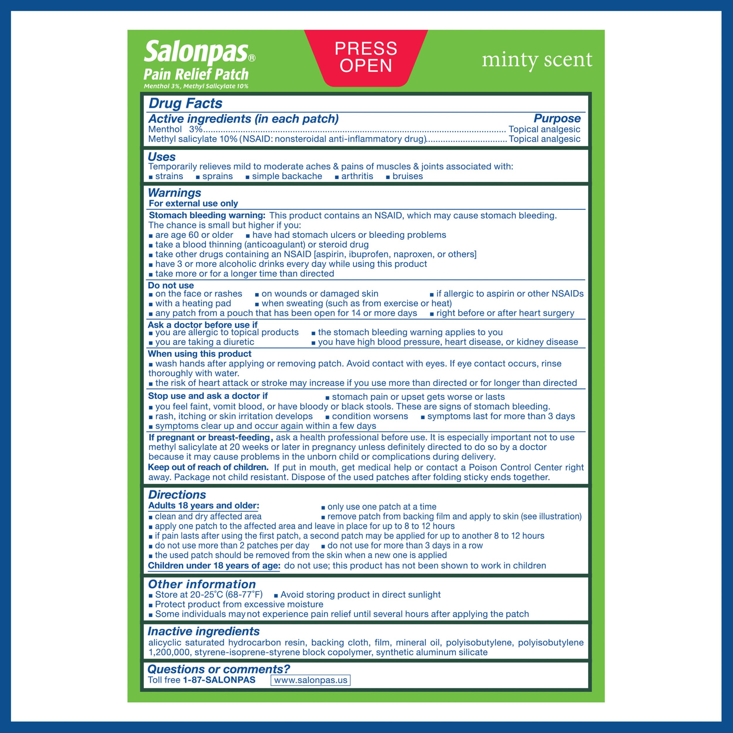 Salonpas Pain Relief Patch, 20 Count (Pack of 1), Up to 12 Hours Temporary Relief of Mild to Moderate Pain, Backache, Sore Muscle, Sprains, Bruises Salonpas uk supplements