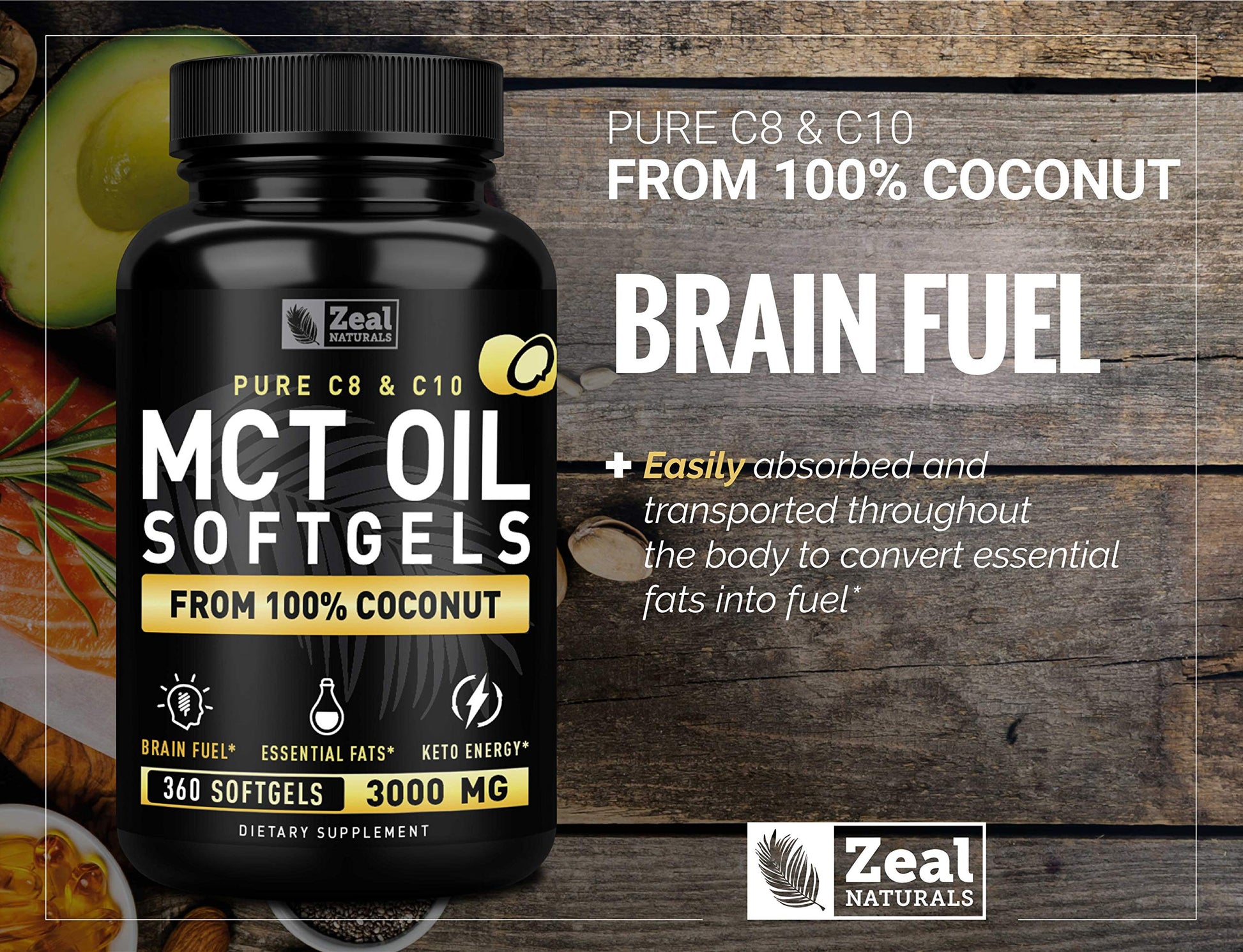 Pure MCT Oil Capsules (360 Softgels | 3000mg) 4 Month Supply Keto Pills w Unrefined Coconut Zeal Naturals uk supplements
