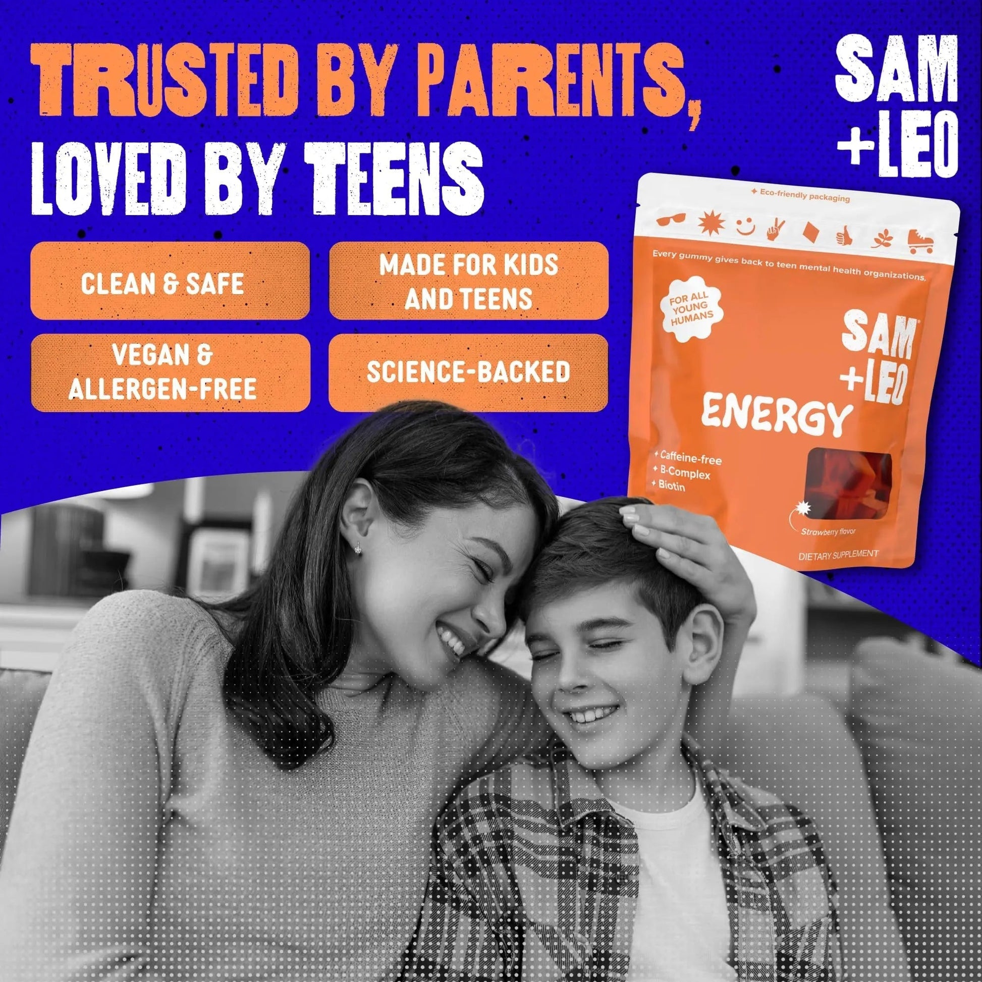 SAM+LEO Vitamin B Complex Gummies with Biotin for Kids & Teens - Caffeine-Free Focus & Energy Support Supplement Gummies | SAM+LEO uk supplements