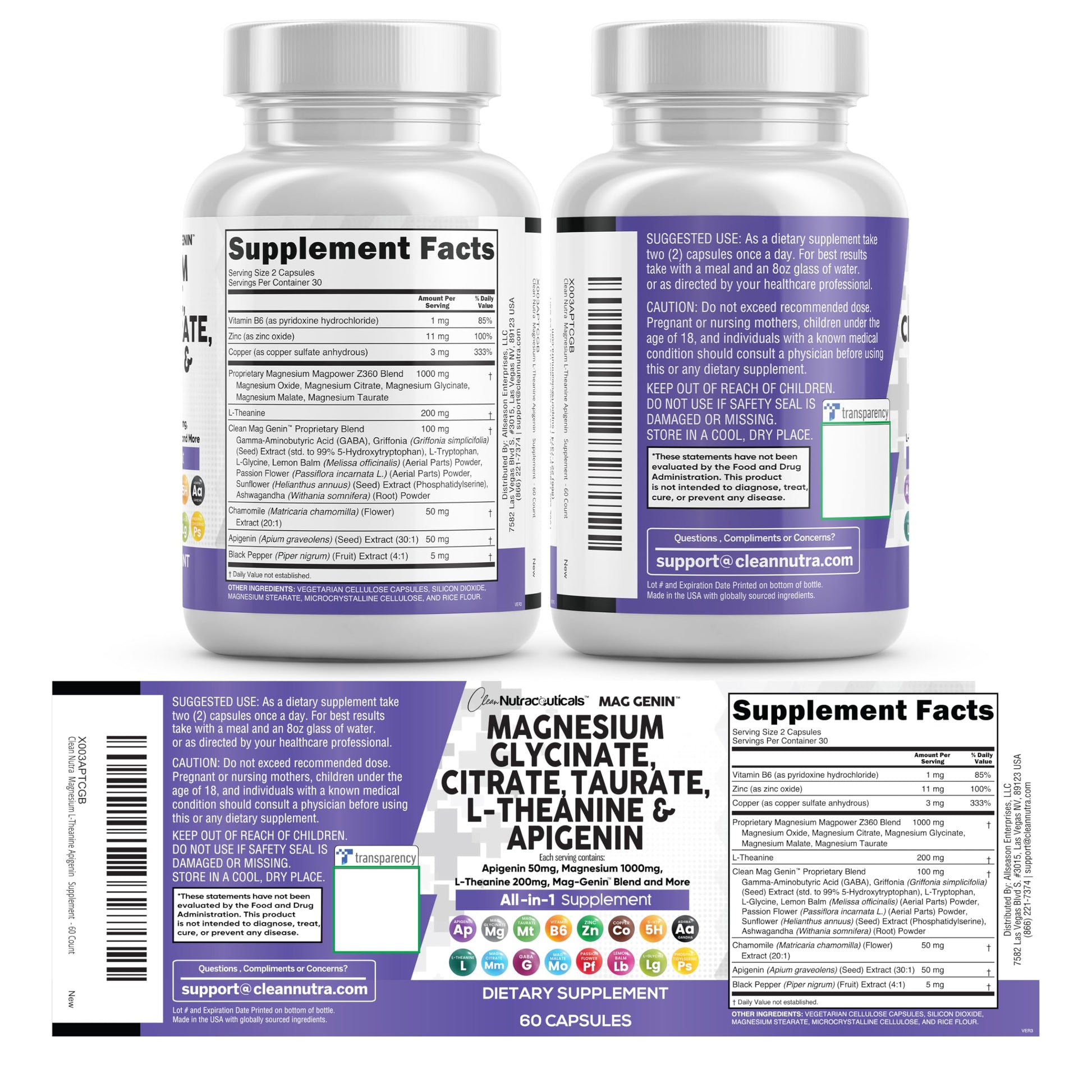 Clean Nutraceuticals Magnesium Glycinate Complex 1000mg with L-Theanine 200mg Apigenin 50mg Citrate Taurate Supplement - 5-HTP GABA Passion Flower Lemon Balm L-Glycine Phosphatidylserine - 60 Count Clean Nutraceuticals uk supplements